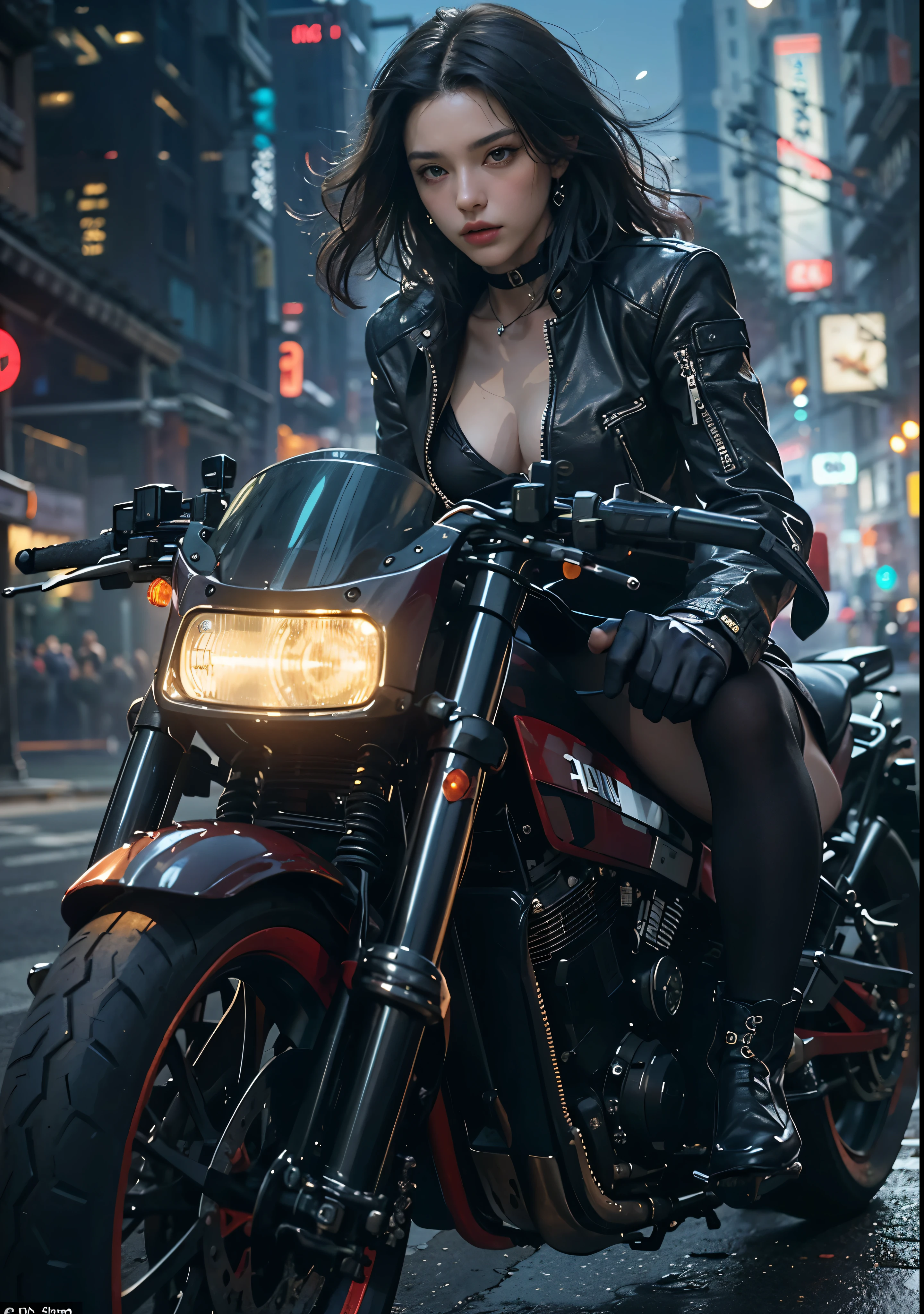 Huntress riding a high-tech motorcycle, Shoot high-tech cannons, Sparks from guns, (1 female, brown eyes, white skin, Twin-tailed black hair, choker, small breasts, skinny, lip whole, compensate, eyeliner, Russia), Wearing black one-piece leather armor, Long leather gloves, long Leather boots, In a cyberpunk town at night, (cyberpunk theme), (masterpiece, highest quality, 8K, sharp focus, written boundary depth, best shadows, perfect light, HDR, realistic skin texture, Ultra-detailed and detailed background), wide shot
