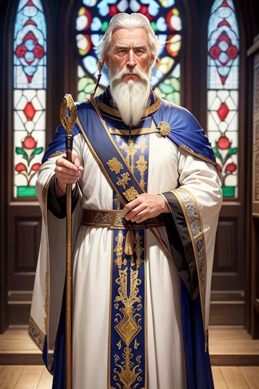 solo front　grandfather　white beard and white hair　Si Jiao　medieval vestments　glittering cane　Medieval churches　Stained glass