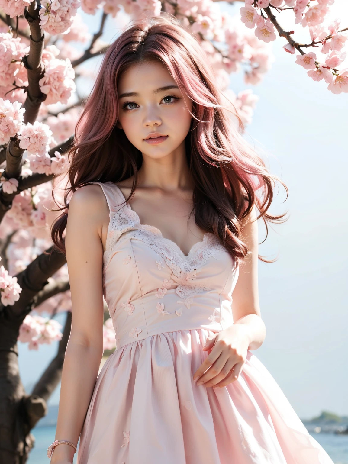 light pink hair, pink eyes, pink and white, cherry blossom leaves, bright colors, white dress, paint splashes, simple background, ray tracing, wavy hair