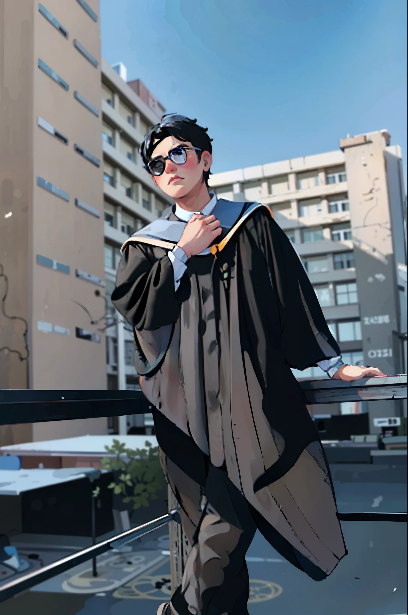 (masterpiece:1.2),illustration,lineart,high definition,texture,a man short black hair with sunglasses in black graduation gown ,warm color palette,soft lighting,detailed pencil strokes,delicate outlines,distinct shadows,subtle shading,impeccable attention to detail,highly realistic,artistic touches,vibrant and lifelike rendering,professional-level skill,white isolated background,warm and inviting atmosphere,peaceful and relaxed expression,sophisticated and elegant aesthetics.