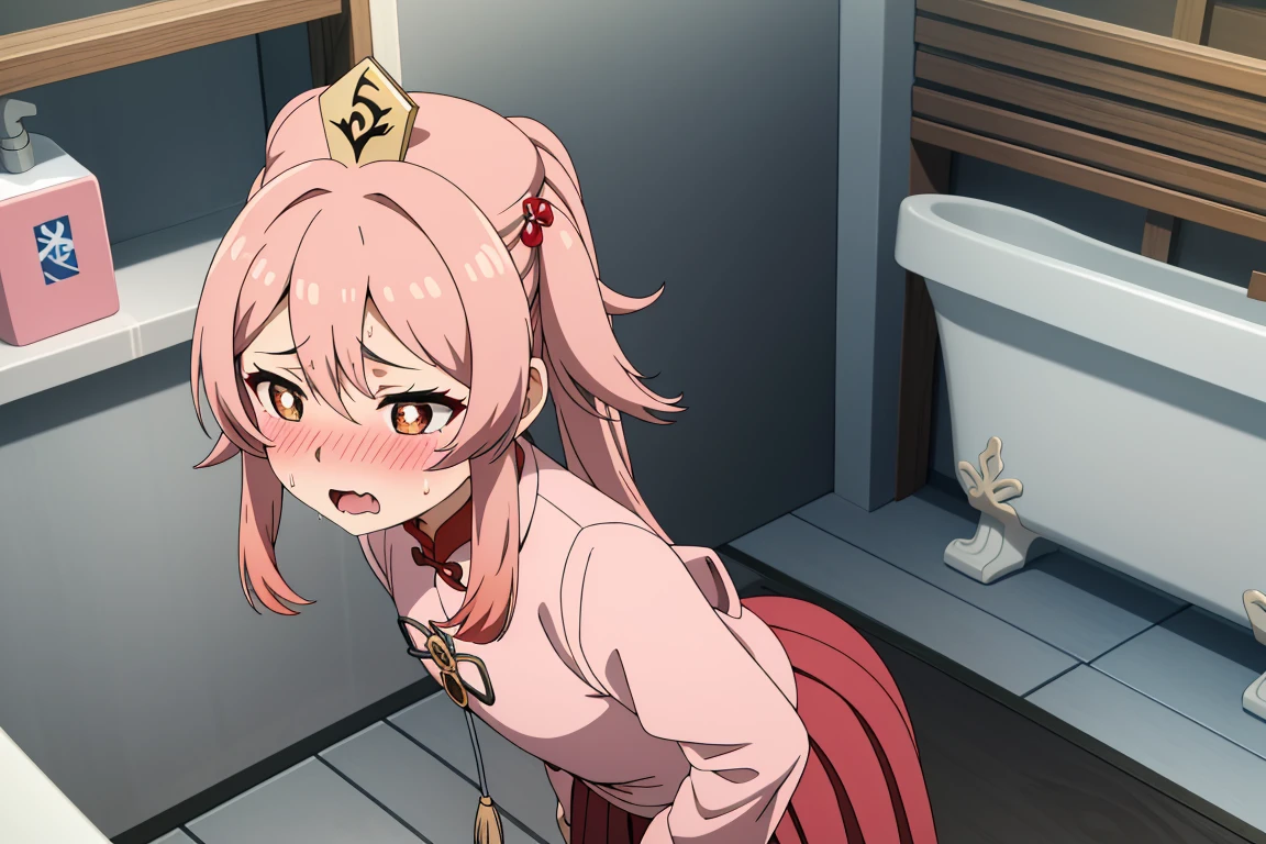 alone, 1 girl, masterpiece, best quality, Japanese cartoons, highly detailed back ground,blush,crouch,shy,blush,original clothing,HuTaoV4,cheongsam,Magician hat,mid length skirt,open mouth,Slobber,sweat,frown,Uncomfortable expression,A patient expression,bathroom,tub,Genshin,HuTaoV4,