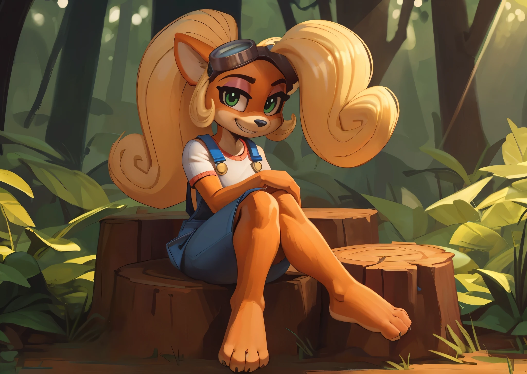 [Coco bandicoot], [Uploaded to e621.net; (Pixelsketcher), (wamudraws)], ((masterpiece)), ((HD)), ((solo portrait)), ((full body)), ((front view)), ((feet visible)), ((furry; anthro)), ((detailed fur)), ((detailed shading)), ((beautiful render art)), ((intricate details)), {anthro; orange fur, black nose, (cute green eyes), (short eyelashes), (pink eyeshadow), (long blonde curly hair), (curly ponytail), (curvy hips), (beautiful legs), (beautiful feet), (blushing), (cute grin)}, {(white tee shirt), (denim overalls), (goggles on head)}, {(on stump), (crossed legs), (wiggling toes), (looking at viewer)}, [background; (tropical forest), (grass plains), (blue sky), (sun rays), (ambient lighting)]
