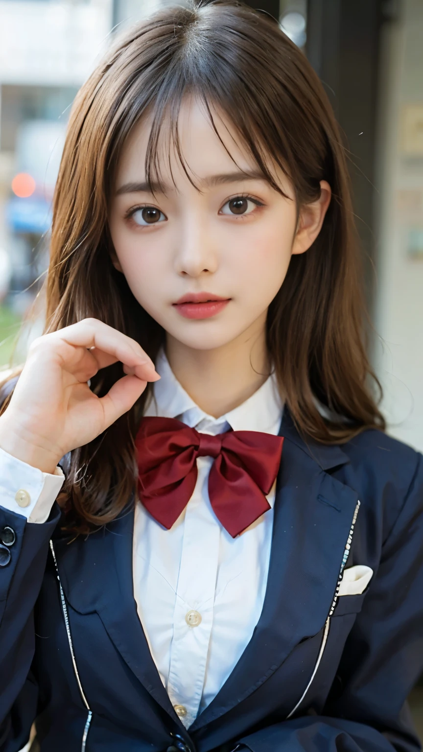 Master masterpiece, beste-Qualit, hight resolution, fel1, Pretty Woman, whiteshirt, Red bow,Cute clothes、collared shirt, Sweater Vest, Cowboy Shot, Smiling face, Open your mouth、front、Joy