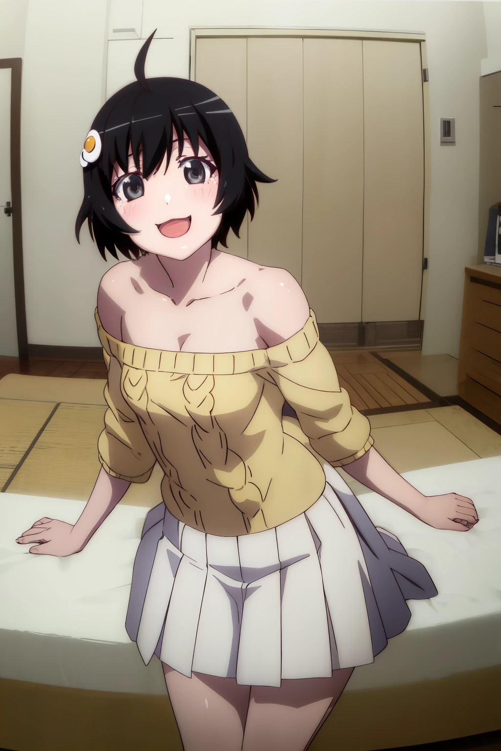 master piece, best quality, ultra high resolution, highest quality, anime style, best writing, beautiful face, (1 girl:1.3), alone, looking at the viewer, 
Araragi Tsukihi, short hair, (knit dress:1.3), off shoulder, white pleated skirt, hair ornaments, Ahoge, egg hair ornaments, unkempt
(crazy laughter:1.2), :3, inside the room, upper body