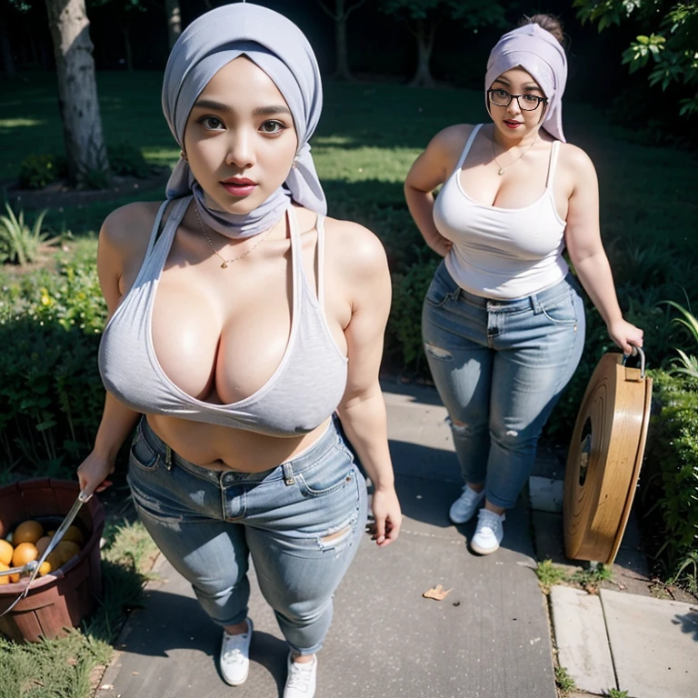RAW, Best quality, high resolution, masterpiece: 1.3), beautiful Malay woman in hijab,Masterpiece, perfect slim fit body, (big breasts), big gorgeous eyes, Soft smile, wear a grey tight singlet, short pants, necklace, shairband, afternoon walk, City garden, Excellent lighting, Bright colors, Clean lines
