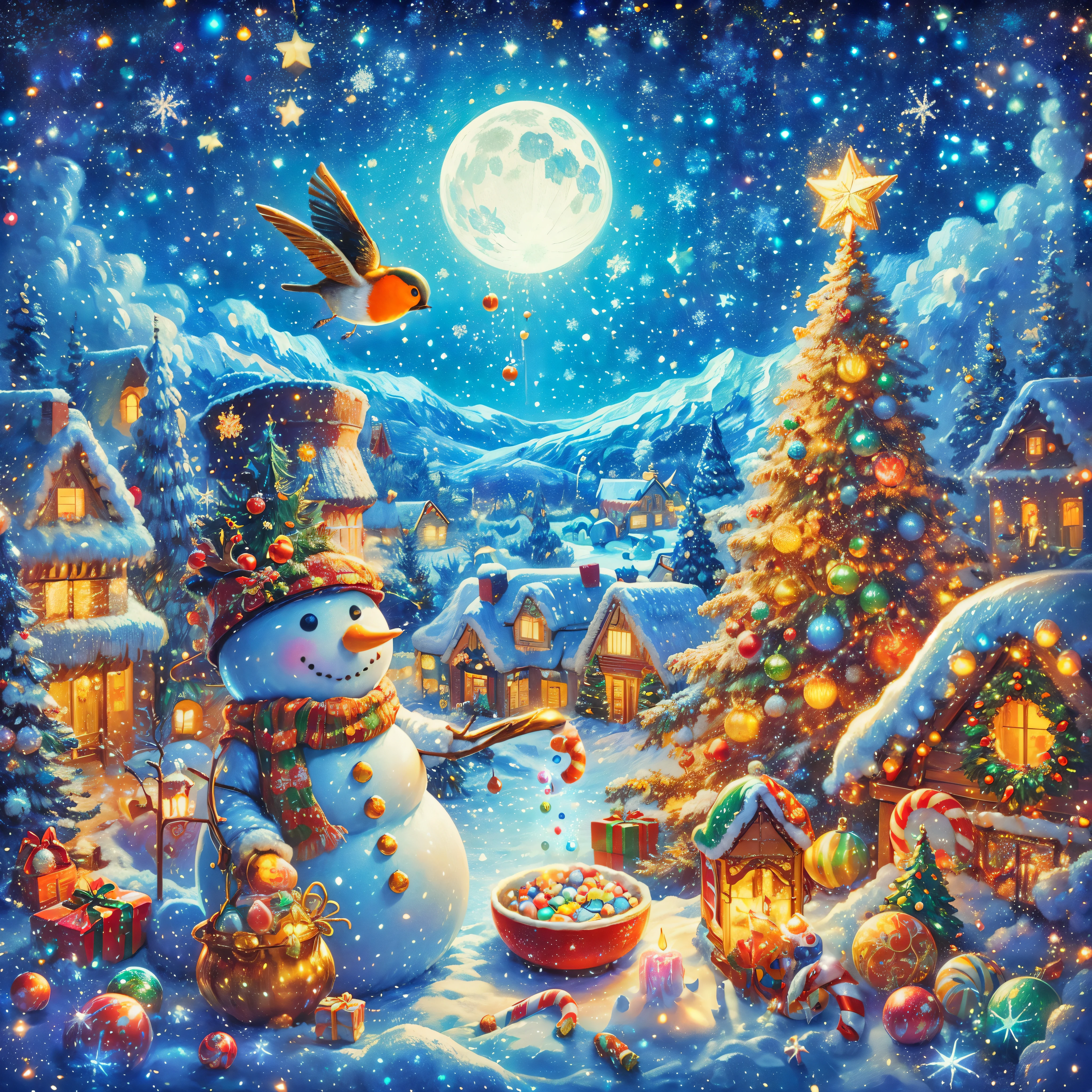 best quality, 8k, high resolution, masterpiece:1.2), Super detailed, (actual, realistically:1.37), Vibrant colors, Magical atmosphere, whimsical, shiny,Fantasy Christmas World,(Christmas in the style of Van Gogh: 1.5), moon,(Snowy night in Christmas town),((Cute vector snowman holding a book and a bag of candy, Pour the snowflakes into a bowl,The robin falls on the snowman'head,Christmas elements)),((Christmas tree,Sweets and snacks,sucrose,Christmas gifts)), and decorations, Lovely design style, night,sky sky,full moon,Shown in this beautiful scene, Surreal主义, Psychedelic, intricate details, Beautiful texture, ethereal, like a dream, Soft glowing light, charming pattern, Fantasy creatures, Hidden surprises, fantastic scenery, Surreal主义 color palette, Mysterious aura, Surreal, Enchanting journey, psychedelic trip, vivid imagination, Immersive experience, mysterious creature, otherworldly charm, glowing paths, Light up a dreamy and beautiful Christmas, Surreal的天空, whimsical Christmas elements, a magical encounter,Fascinating artwork