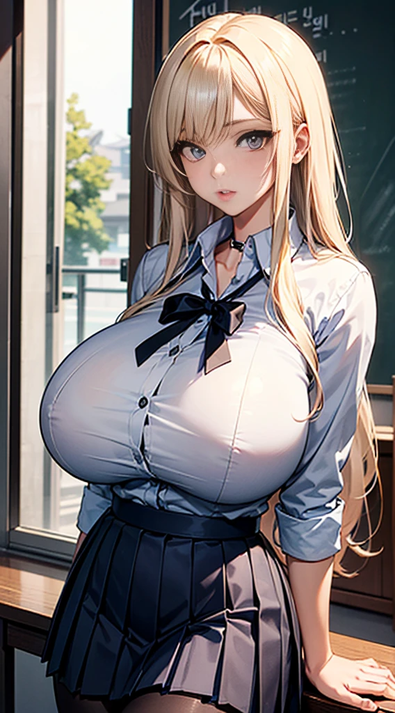 1girl, masterpiece, best quality, slender girl with hourglass body and huge breasts, solo, pretty, cute, shy girl, ((girl wears school uniform, short pleated skirt, white blouse, Korean school uniform)), sexy, girl shows enticing breasts, ((platinum blond hair, long hair)), pink colored eyes, pink orbs, detailed eyes, beautiful eyes, delicate eyes, ((hourglass body, sexy body)), correct anatomy, correct limbs, ((huge breasts:1.6)), juicy lips, pouty lips, [detailed background (korean school, korean high school, Seoul, south korea)]BREAK((pantyhose)),((side shot))