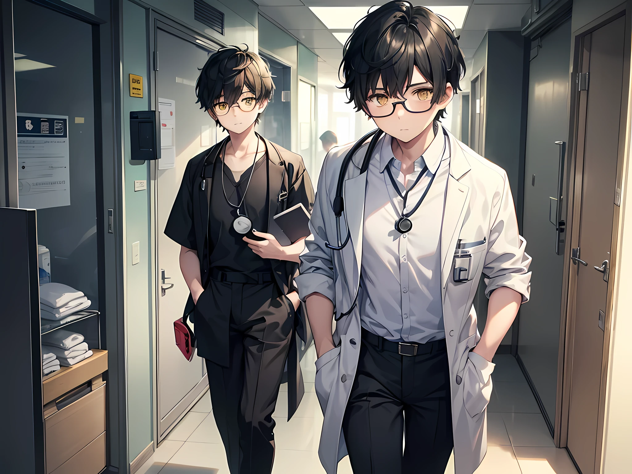 a boy with a black short hair, yellow eyes, rounded glasses, wearing doctor uniform, wearing stethoscope, walking in hospital, the background is busy hospital
