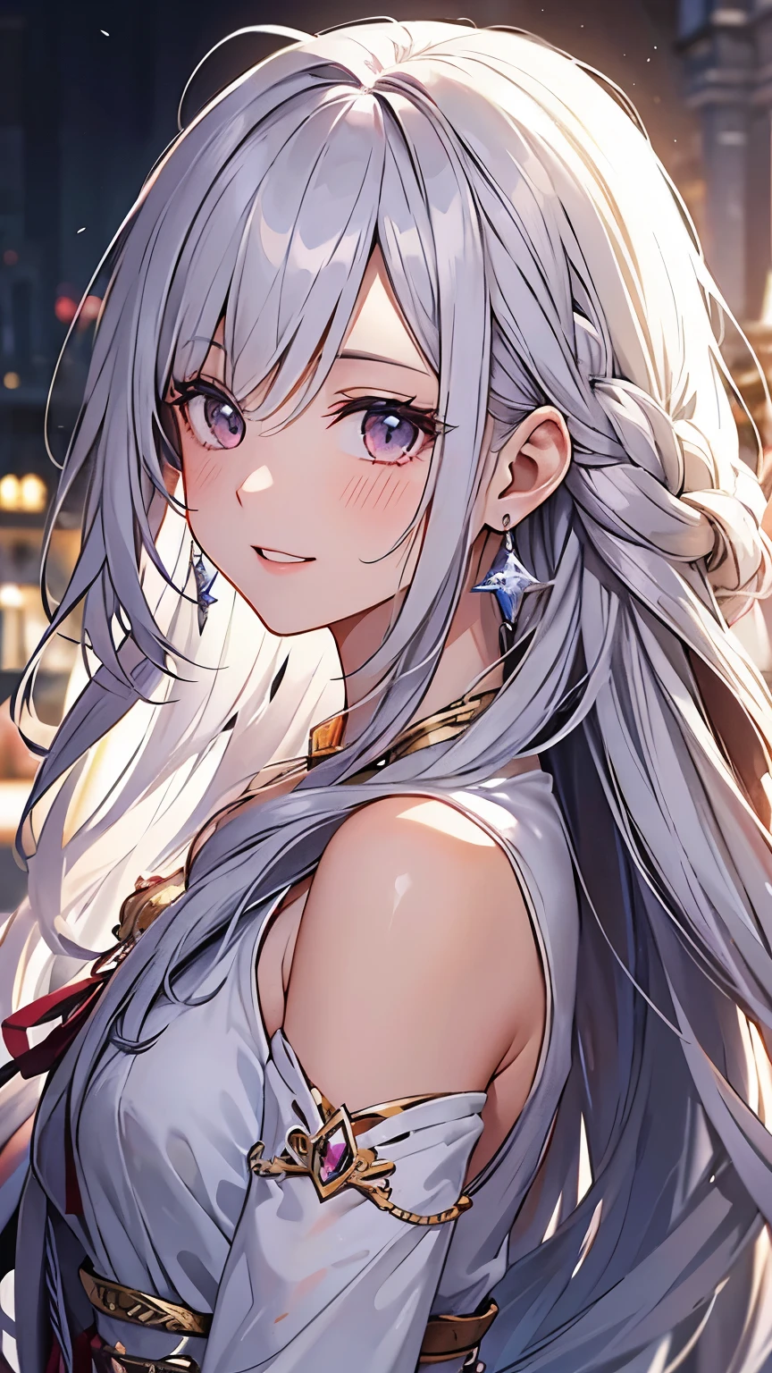 long hair, crystal earrings, blush, smile, silver hair, hair strand, ribbon, parted lips, character chart, first-person view, tachi-e, anime style, masterpiece