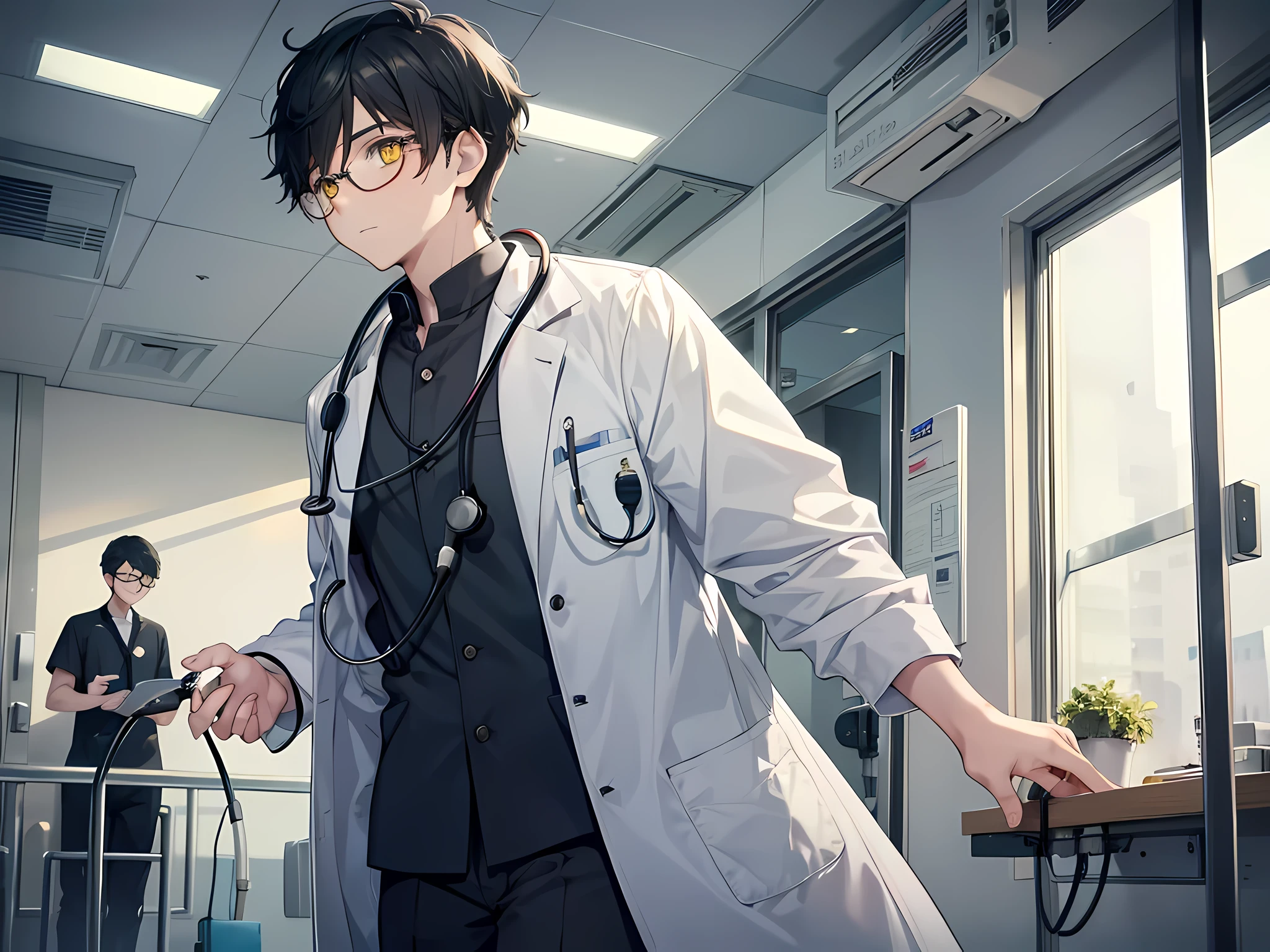 a boy with a black short hair, yellow eyes, rounded glasses, wearing doctor uniform, wearing stethoscope, walking in hospital, the background is busy hospital
