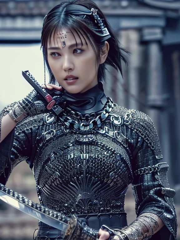 Extremely detailed CG unity 32K wallpaper, top quality, masterpiece, raw photo, photorealistic, highest resolution, professional photo, dynamic, cinematic lighting, (dynamic, fantasy:1.4), sharp focus, depth of field, (perfect body, correct anatomy:1.5), intricately detailed face, expressive face, POV, (from front:1.3), 1 girl, Japanese woman, ((assassin of evil kingdom:1.3)), solo, cowboy shot, black hair, (ponytail, short hair:1.2), ultra-realistic skin, highly detailed eyes, dark eyes, beautiful nose and lips, expressionless, ((chain mail:1.5)), (slender, beautiful breast:1.4), (perfect body proportion:1.5), ((fighting:1.1)), ((holding a short katana:1.4)), ((throwing 1 short knife:1.3)), indoor, Japanese fortress, human dead bodies in background,