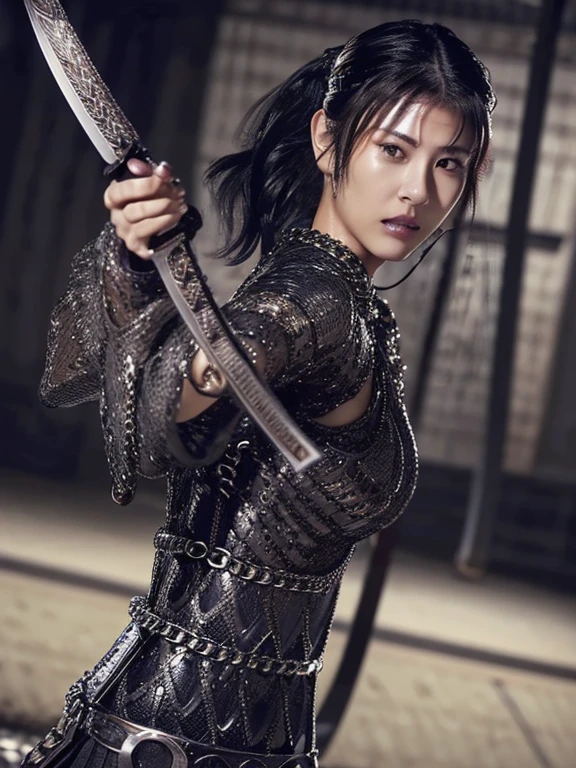 Extremely detailed CG unity 32K wallpaper, top quality, masterpiece, raw photo, photorealistic, highest resolution, professional photo, dynamic, cinematic lighting, (dynamic, fantasy:1.4), sharp focus, depth of field, (perfect body, correct anatomy:1.5), intricately detailed face, expressive face, POV, (from front:1.3), 1 girl, Japanese woman, ((assassin of evil kingdom:1.3)), solo, cowboy shot, black hair, (ponytail, short hair:1.2), ultra-realistic skin, highly detailed eyes, dark eyes, beautiful nose and lips, expressionless, ((chain mail:1.5)), (slender, beautiful breast:1.4), (perfect body proportion:1.5), ((fighting:1.1)), ((holding a short katana:1.4)), ((throwing 1 short knife:1.3)), indoor, Japanese fortress, human dead bodies in background,