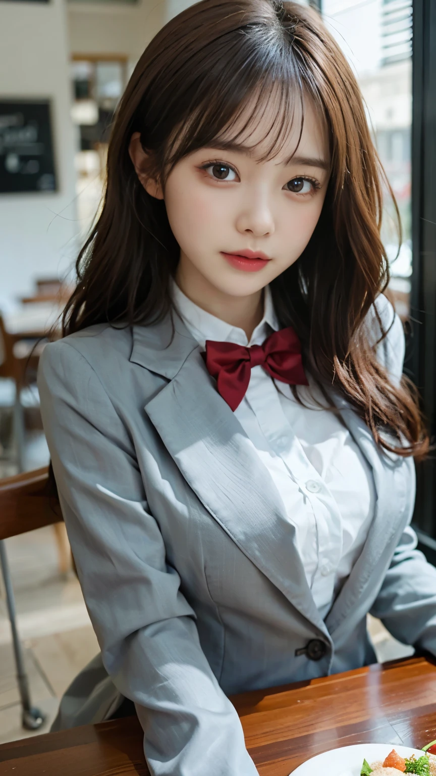 table top, highest quality, figure, super detailed, finely, High resolution, 8k wallpaper, 完璧なダイナミックな構figure, beautiful and fine eyes, natural lip,blazer ,school uniform, red bow tie