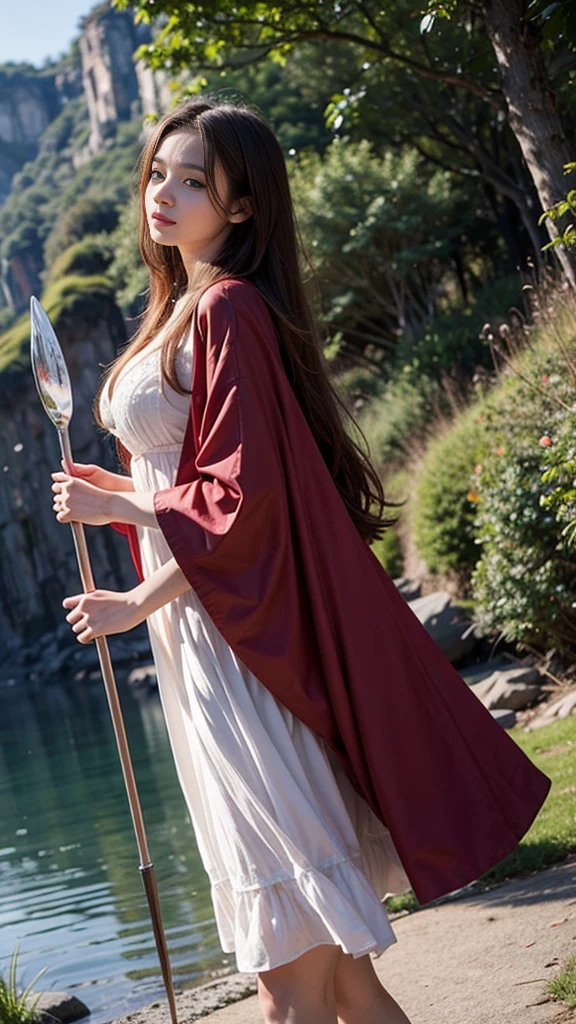 Young woman, White dress, red cloth, (red hair, long hair, long hairมาก), (Huge breasts, big breast, Breast augmentation), (small waist, thin body), (majestic, Charming Succubus), (Short white dress, tight fitting, gold pattern), (Red coat, Cloak of Float), (Low-angle shots, Walking posture), (sky backdrop, cliff, meadow), (holding a wizard's long staff)