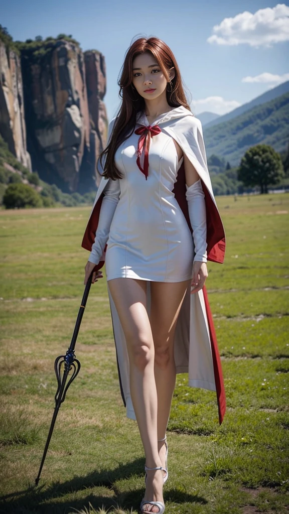 Young woman, White dress, red cloth, (red hair, long hair, long hairมาก), (Huge breasts, big breast, Breast augmentation), (small waist, thin body), (majestic, Charming Succubus), (Short white dress, tight fitting, gold pattern), (Red coat, Cloak of Float), (Low-angle shots, Walking posture), (sky backdrop, cliff, meadow), (holding a wizard&#39;s long staff)