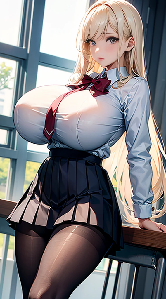 1girl, masterpiece, best quality, slender girl with hourglass body and huge breasts, solo, pretty, cute, shy girl, ((girl wears school uniform, short pleated skirt, white blouse, Korean school uniform)), sexy, girl shows enticing breasts, ((platinum blond hair, long hair)), pink colored eyes, pink orbs, detailed eyes, beautiful eyes, delicate eyes, ((hourglass body, sexy body)), correct anatomy, correct limbs, ((huge breasts:1.6)), juicy lips, pouty lips, [detailed background (korean school, korean high school, Seoul, south korea)]BREAK((pantyhose)),((side shot)),((looking through legs))