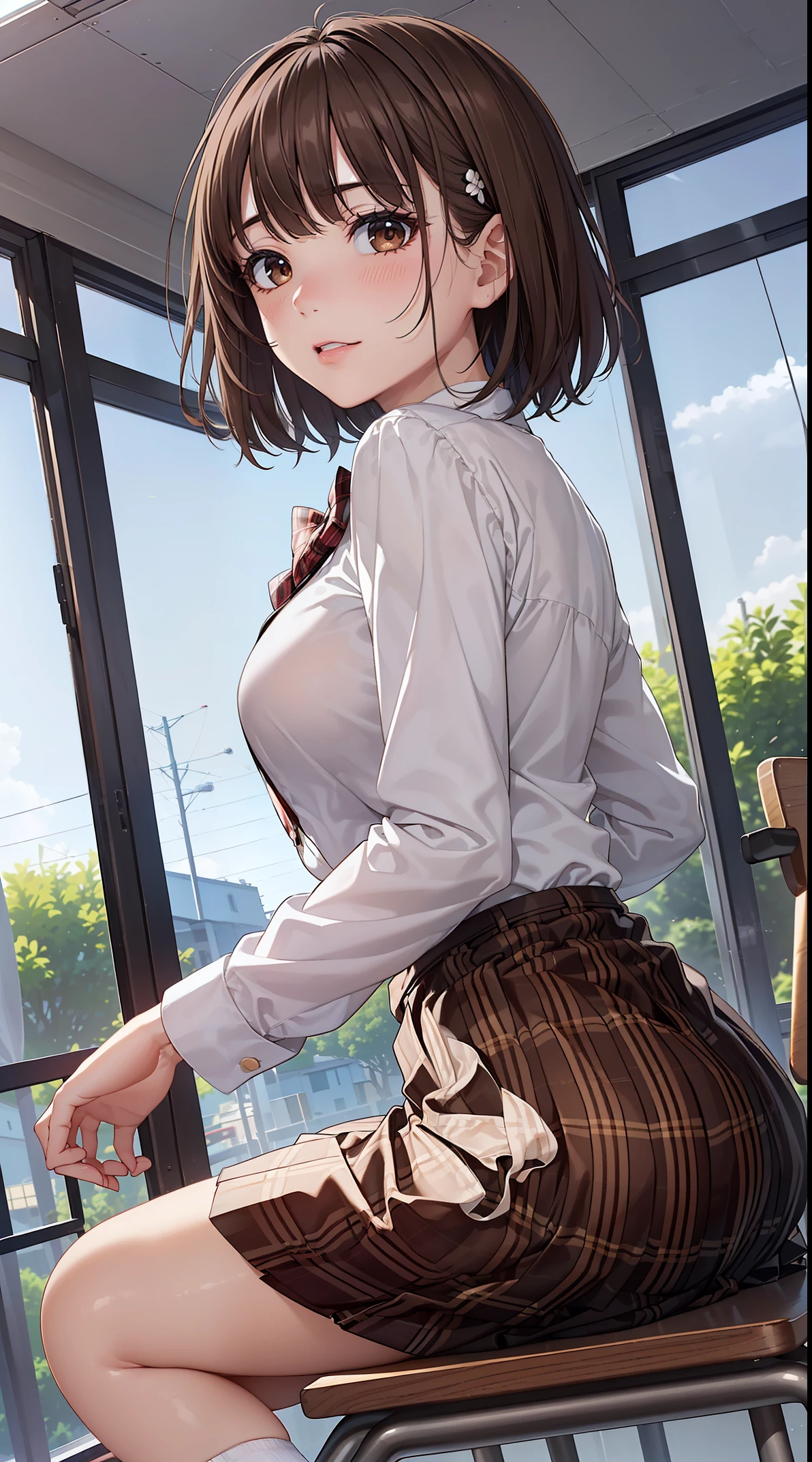 ((on the table, best quality, high resolution, north african free trade area, pixel perfect, 4K, north african trade zone, north african trade zone))), 1 girl in, single, alone, Beauty、see whole body、 ((Short wave hair, Bangs, brown hair)), ((brown eyes, beautiful eyelashes, realistic eyes)), ((Detailed face, blush:1.2)), ((smooth texture:0.75, lifelike质感:0.65, lifelike:1.1, Anime CG style)), medium breasts, dynamic angle, Perfect body, ((red bow tie, Uniforms, , White shirt, black skirt, Plaid skirt))、school classroom、evening、Shy Laughter、The angle of looking up from below、Sit in a chair、 (The wind blows up my skirt、Touch the skirt with both hands、、you can see all the buttocks、White broken flowers)、