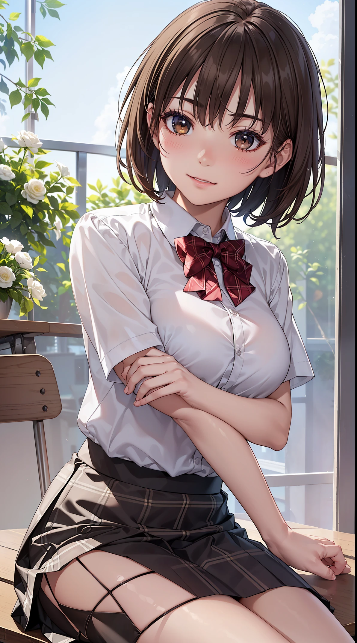 ((on the table, best quality, high resolution, north african free trade area, pixel perfect, 4K, north african trade zone, north african trade zone))), 1 girl in, single, alone, Beauty、see whole body、 ((Short wave hair, Bangs, brown hair)), ((brown eyes, beautiful eyelashes, realistic eyes)), ((Detailed face, blush:1.2)), ((smooth texture:0.75, lifelike质感:0.65, lifelike:1.1, Anime CG style)), medium breasts, dynamic angle, Perfect body, ((red bow tie, Uniforms, , White shirt, black skirt, Plaid skirt))、school classroom、evening、Shy Laughter、The angle of looking up from below、Sit in a chair、 (The wind blows up my skirt、Touch the skirt with both hands、、you can see all the buttocks、White broken flowers)、