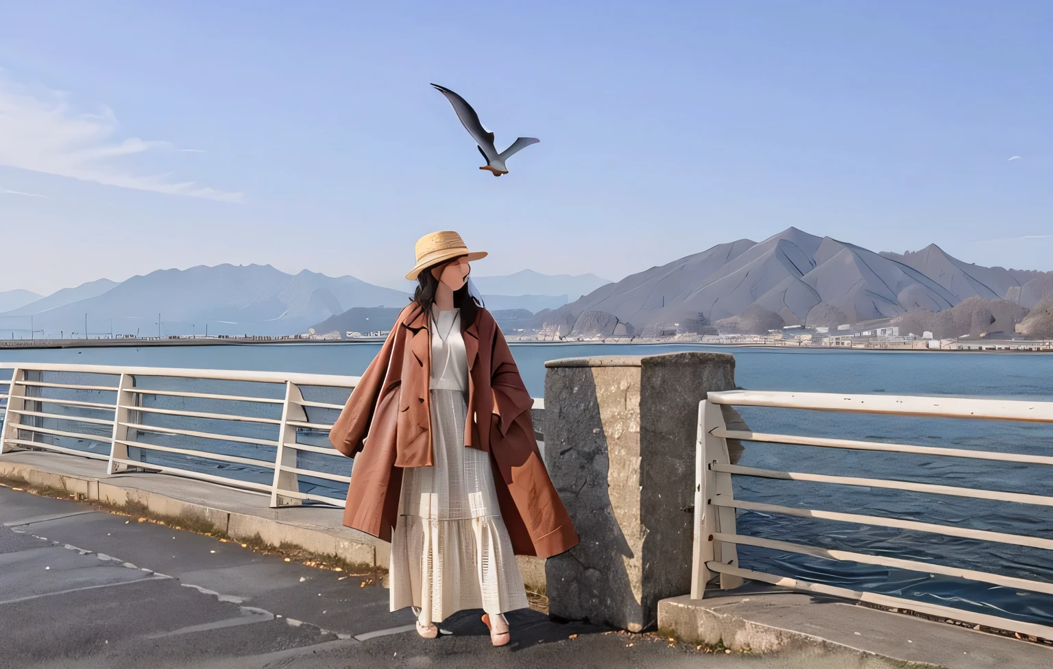 ((masterpiece)), (best quality), (simple style)A woman stood on the dock,A bird flies overhead, Brown leather long jacket, wearing a brown leather coat, wearing a leather trench coat, light brown coat, straw hat and overcoat, wearing a long beige trench coat, coat, with mountains as background, with a figure in the background, Wear it for a long time, flowing clothes