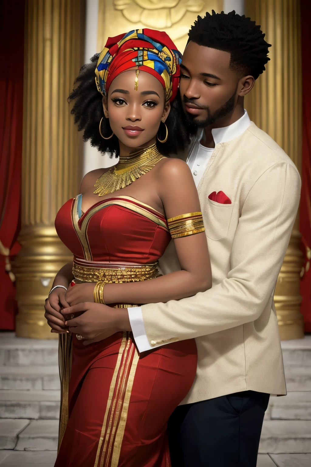 ((best quality)), ((masterpiece)), (detailed), perfect face
Prise de vue en grand angle un couple,((d'un homme européen heureux épousant une femme africaine tous deux portant des vêtements de conception africaine)), ((cérémonie de mariage à l'extérieur d'un temple de conception africaine)), (( des coeurs rouge partout)), ((décoration soignée)), INFO