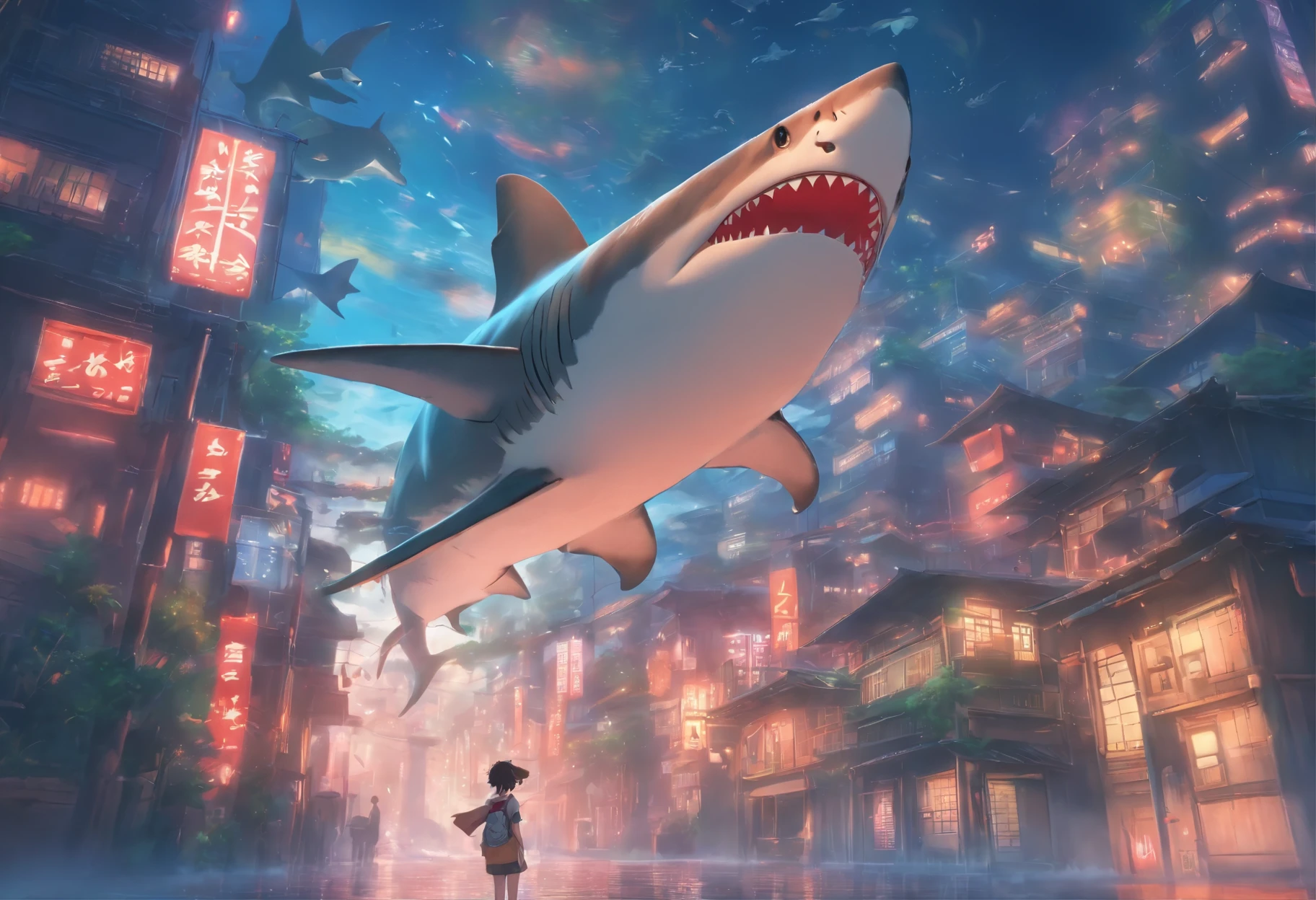 Shark swimming over the city，Looking up，Makoto Shinkai animation style，Makoto Shinkai animation art style，Ultra-wide angle of view，Chinese style，Red brick house in the 1980s，Vision，The colors are bright and bright，Super fine，Super detailed，high quality，8k ，oc rendering，dynamic perspective，Super real，Super real照片
