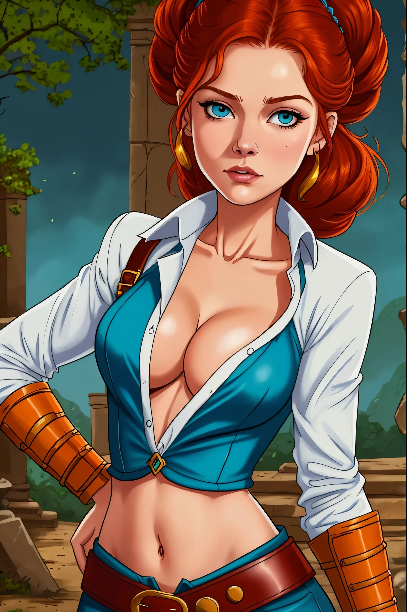 (Face-BarbaraPalvin:0.8) (D&D rogue character:1.2) painting ginger woman auburn hair (updo:1.1), loose white shirt, ((completely unbuttoned, showing navel and cleavage)), leather pants pauldron teal armor belt, detailed background ancient ruins (small_breasts:1.1) (masterpiece) (best quality) (detailed) (8k) (wallpaper) (cinematic lighting) (sharp focus) (intricate) (Style-Autumn:0.5)