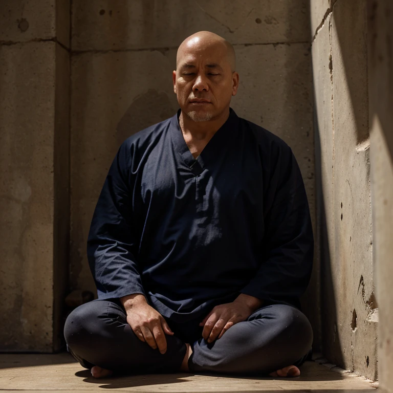 A middle-aged monk with a formidable appearance.,meditating, In the corner of his eyes he focused hard.