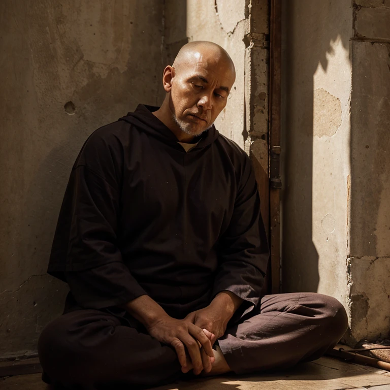 A middle-aged monk with a formidable appearance.,meditating, In the corner of his eyes he focused hard.