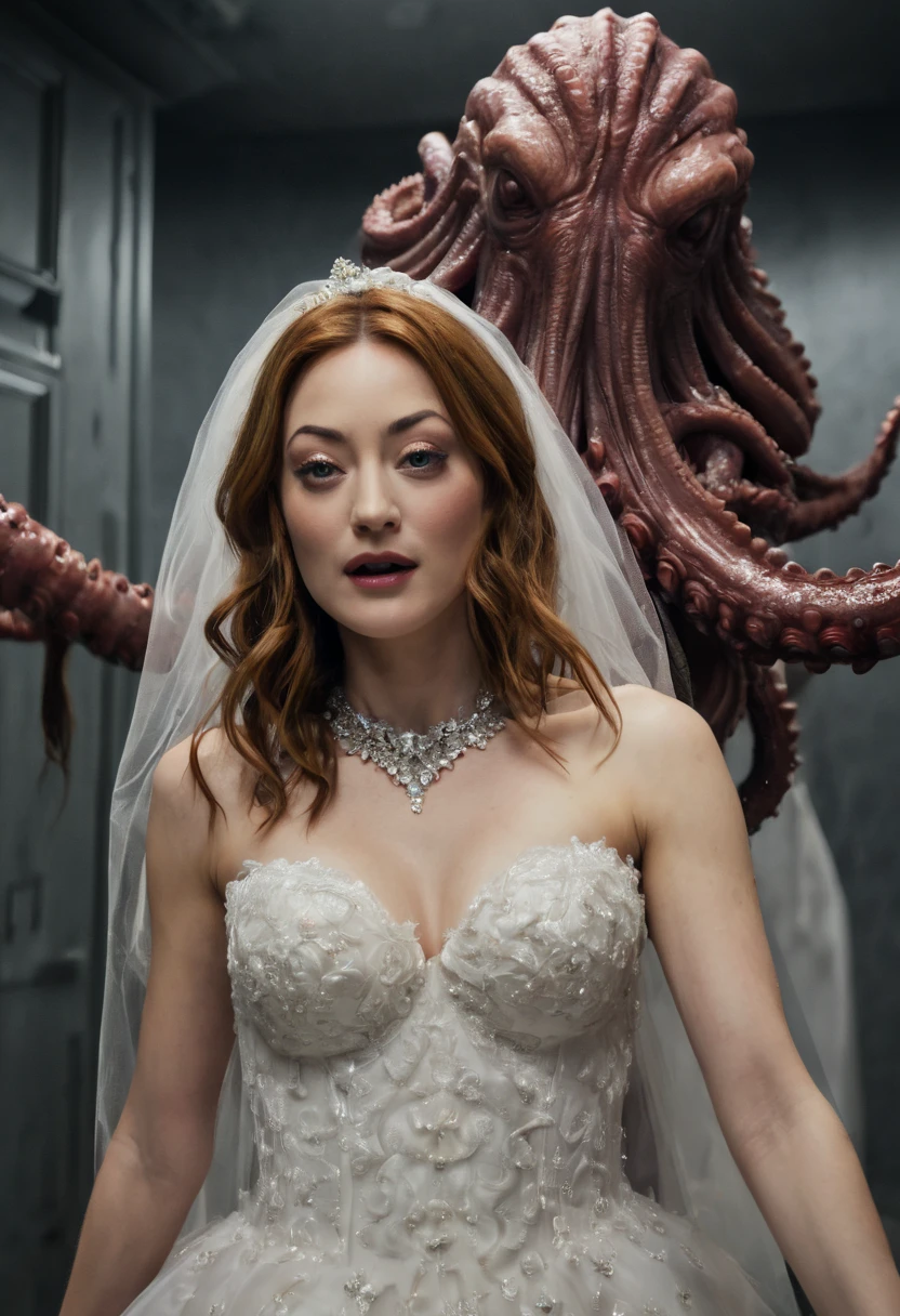 ((((Emmy Rossum Katherine McNamara and Olivia Wilde in wedding dress)))), ((deepthroated by big tentacles)), views upwards to a giant tentacle, ahegao, focus on big tentacle, looking at tentacle, ((slugs crawling om her face)), horny, red lipstick, pleased, moaning, skinny body, red hair, wet hair, large breasts, large ass, flat belly, narrow waist, (cum all over), covered in cum, wet hair, tentacles, tentacles sucks breast, ((throat bulge)),tentacle squeeze breast, tentacles licks breasts, tentacle penetration, fucking tentacles, tentacles around throat, ((slimy tentacles)), sodium light, impaled with tentacles, horror, hyper detailed, 8K, masterpiece, Eldritch abomination, (mind flayer:1.5) (bride of Cthulhu), church of Cthulhu, torture chamber, ((tentacles on the floor and crawling up her body and mouth)), (white thong), ((gates of Cthulhu open))