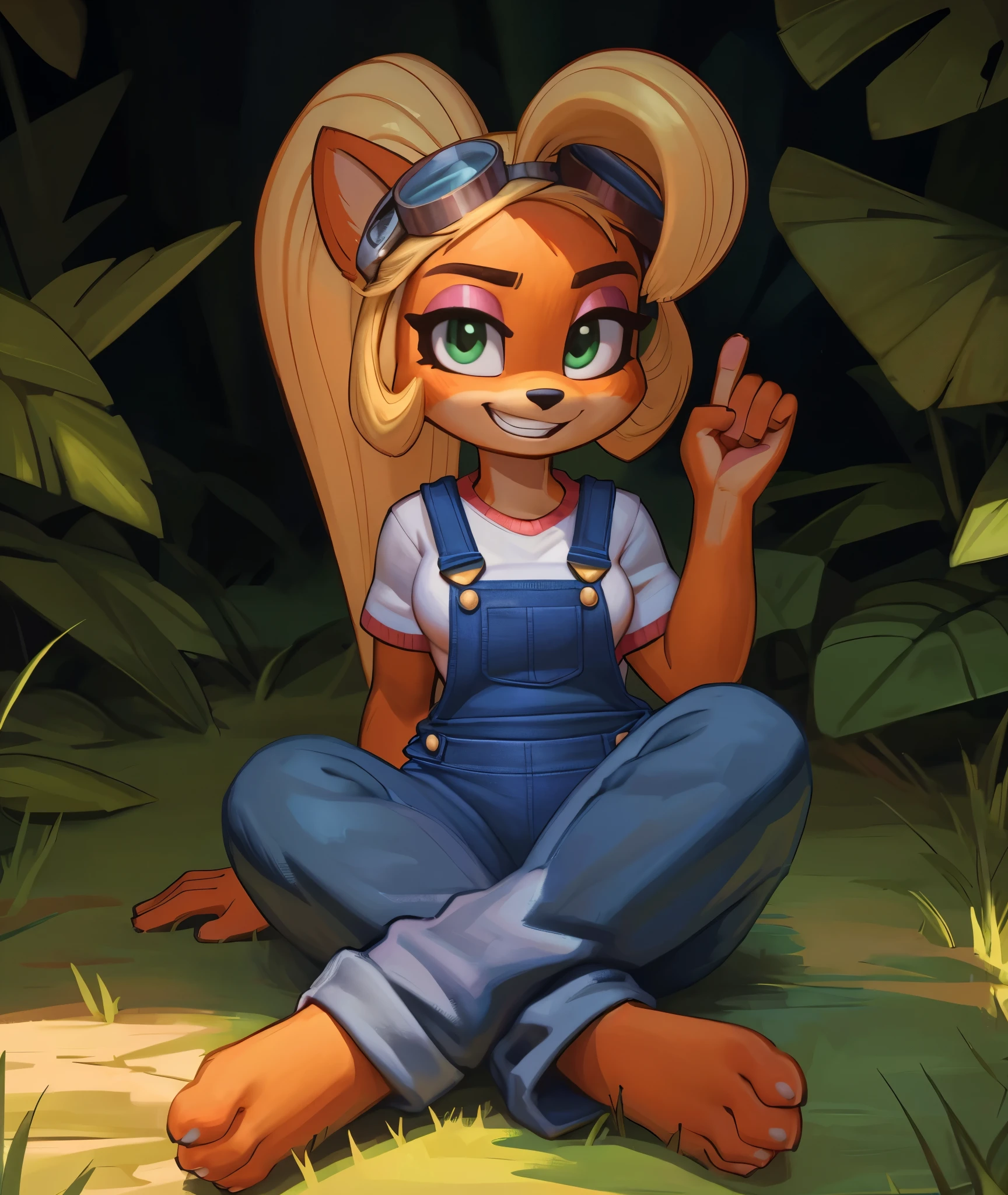 [Coco bandicoot], [Uploaded to e621.net; (Pixelsketcher), (wamudraws)], ((masterpiece)), ((HD)), ((solo portrait)), ((full body)), ((front view)), ((feet visible)), ((furry; anthro)), ((detailed fur)), ((detailed shading)), ((beautiful render art)), ((intricate details)), {anthro; orange fur, black nose, (cute green eyes), (short eyelashes), (pink eyeshadow), (long blonde curly hair), (curly ponytail), (curvy hips), (beautiful legs), (beautiful feet), (blushing), (cute grin)}, {(white tee shirt), (denim overalls), (goggles on head)}, {(on ground), (crossed legs), (wiggling toes), (looking at viewer)}, [background; (tropical forest), (grass plains), (blue sky), (sun rays), (ambient lighting)]
