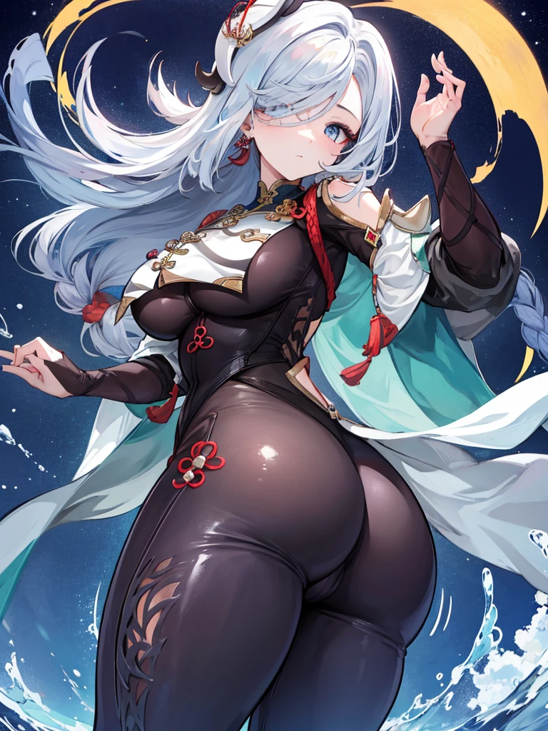 Shenhe, tight pants, butt, seductive, thick thighs, night sky view, realistic, best quality, masterpiece, ultra detail, ultra high res