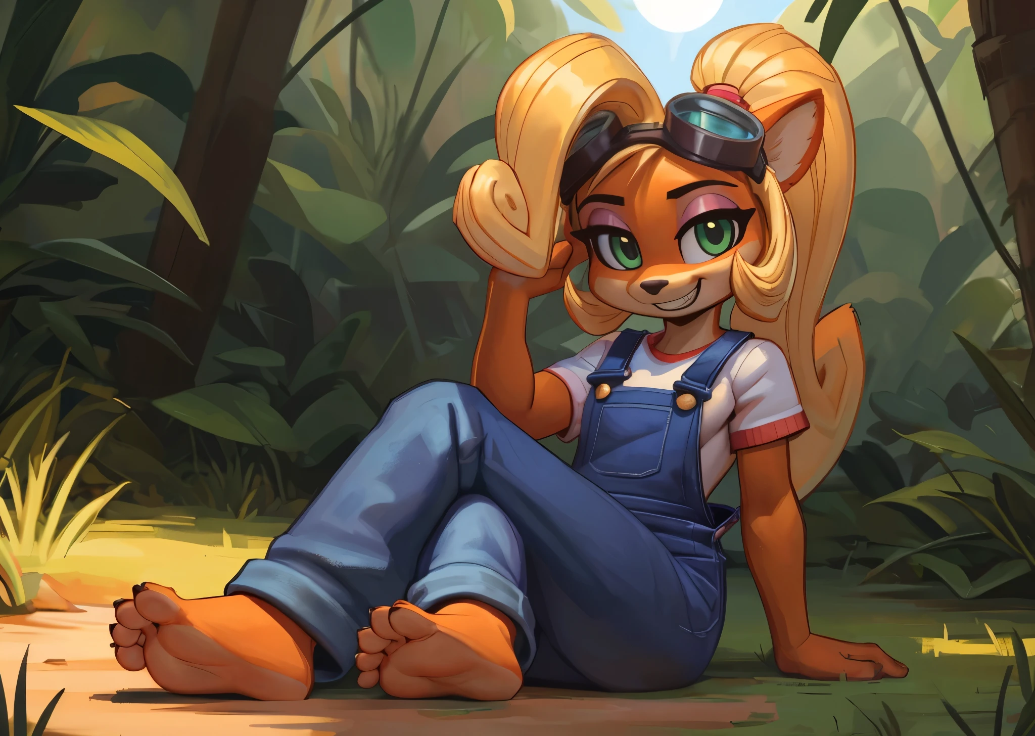 [Coco bandicoot], [Uploaded to e621.net; (Pixelsketcher), (wamudraws)], ((masterpiece)), ((HD)), ((solo portrait)), ((full body)), ((front view)), ((feet visible)), ((furry; anthro)), ((detailed fur)), ((detailed shading)), ((beautiful render art)), ((intricate details)), {anthro; orange fur, black nose, (cute green eyes), (short eyelashes), (pink eyeshadow), (long blonde curly hair), (curly ponytail), (curvy hips), (beautiful legs), (beautiful feet), (humanoid feet), (detailed soles), (blushing), (cute grin)}, {(white tee shirt), (denim overalls), (goggles on head)}, {(on ground), (crossed legs), (wiggling toes), (looking at viewer)}, [background; (tropical forest), (grass plains), (blue sky), (sun rays), (ambient lighting)]