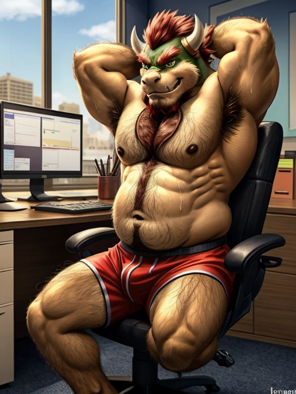 Bowser, beard, daddy, seductor, mirando al espectador, smirk, (white and red polka dots pattern oversized long loose boxers:1.3, pecs, (posing) macho, masculine, male focus, chubby, fat, de cerca, standing, frontal view, full body, office, sitting office chair, sweaty, hairy chest, hairy arms, hairy belly, hairy legs, musky armpits