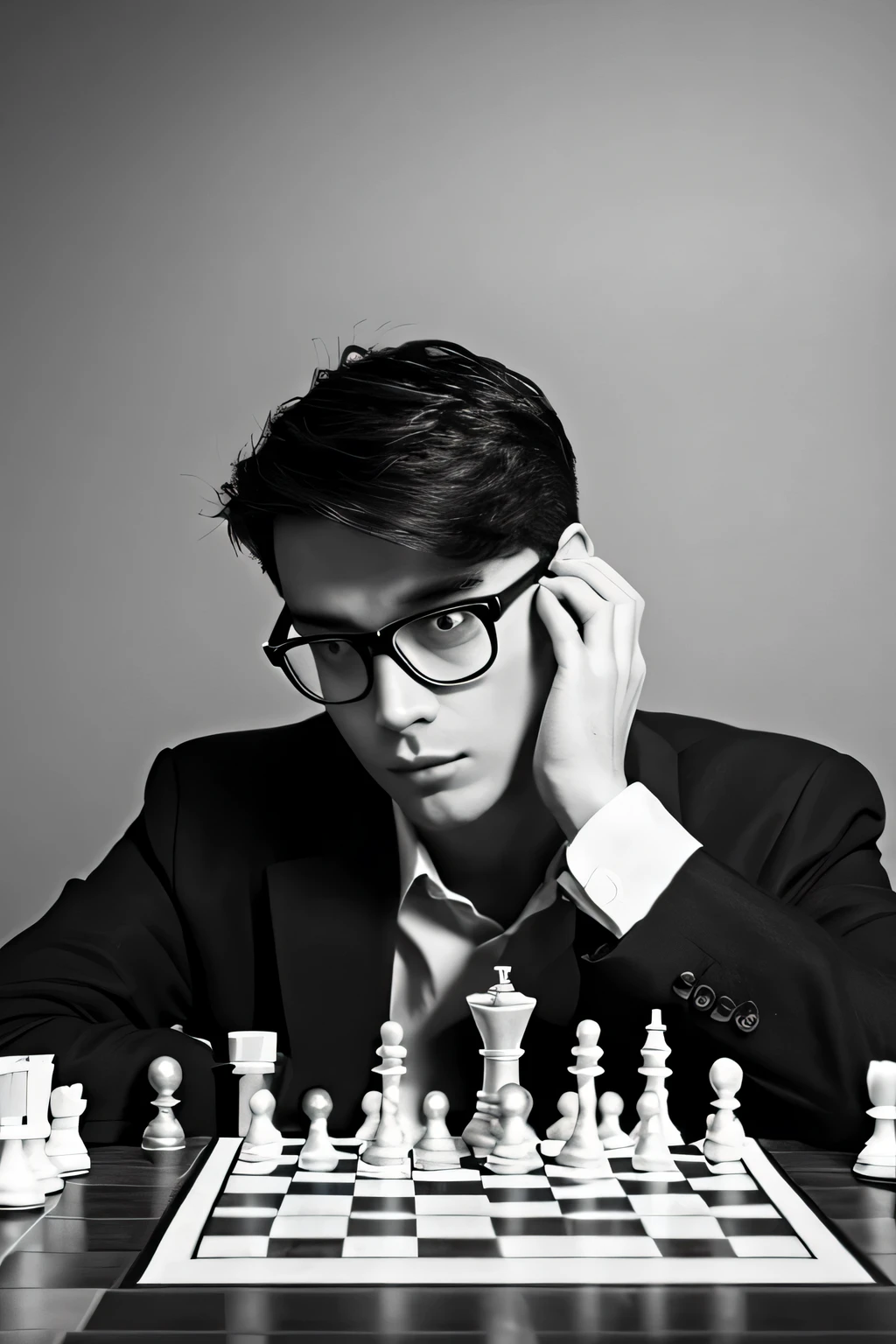 Black and white image of a British man wearing glasses playing chess
