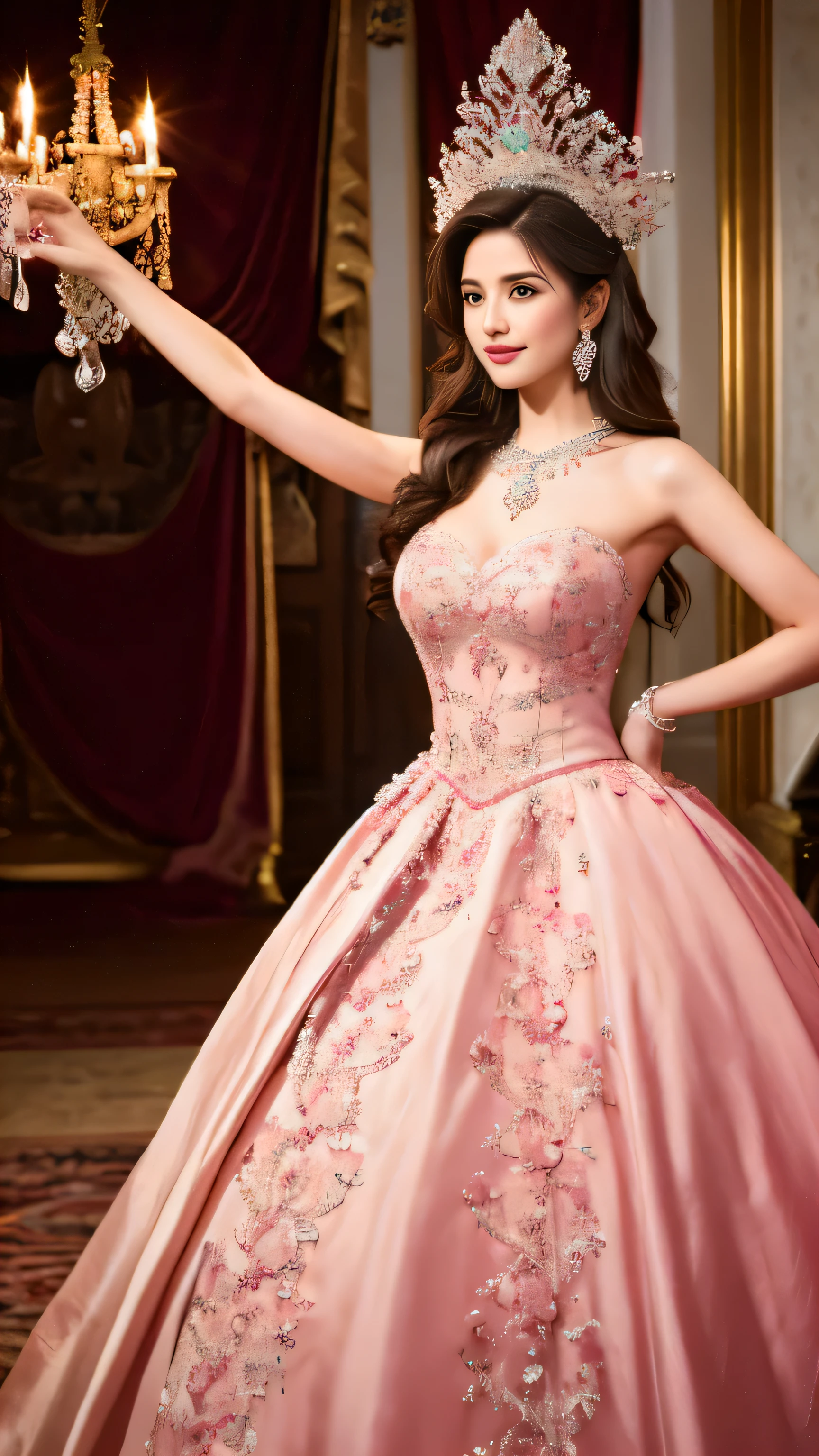 High-definition images,facial details,woman, strict, elegant, pink dress, aristocratic, silver elements, hairstyle, chestnut hair ,Full body high-definition painting,nice dress, royalty, celebration, hall decorated with flowers, cowboy shot, portrait, (highest quality), (masterpiece), (very detailed), 