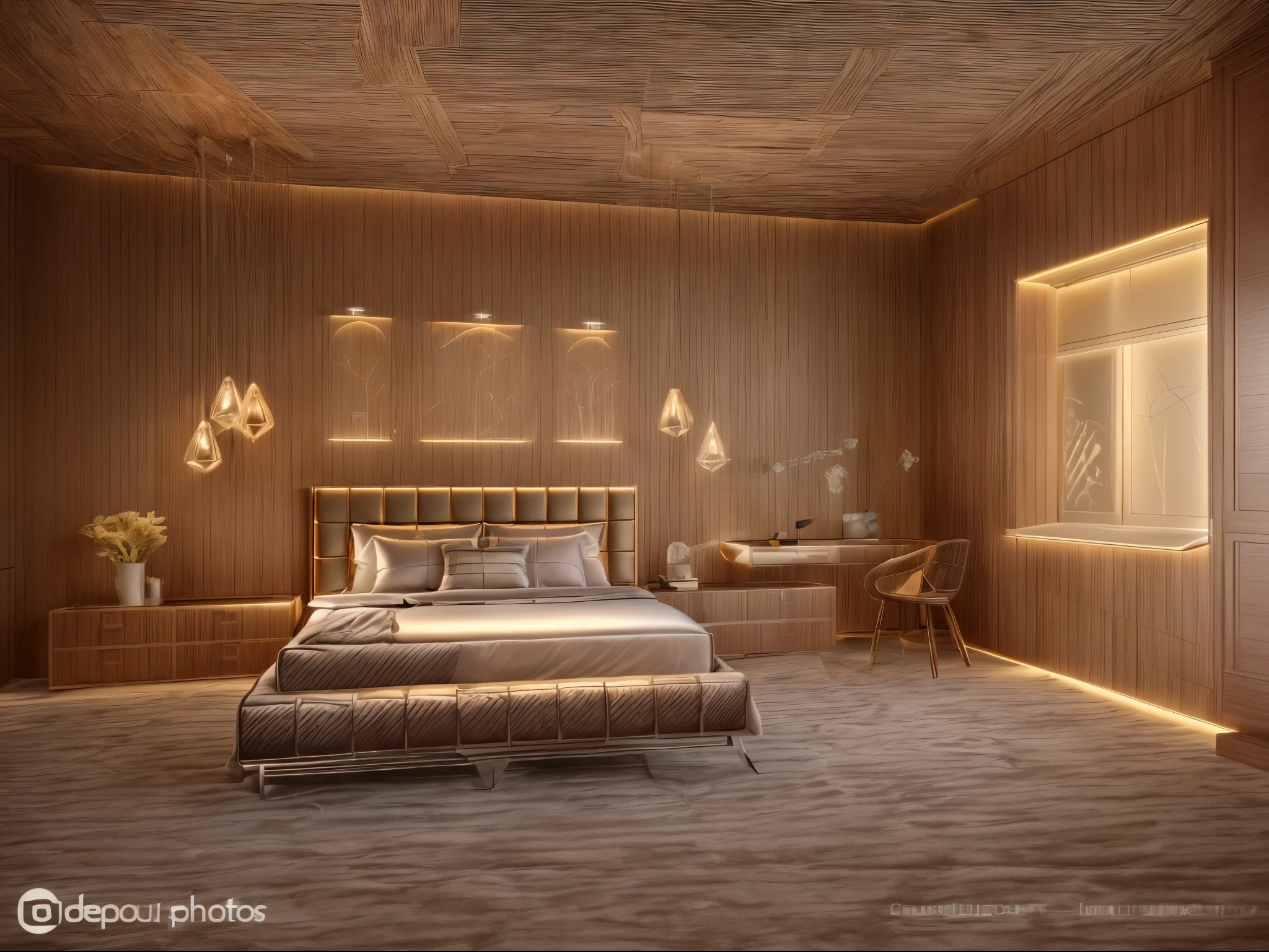 luxelitroom,luxe, lit, tapis, comfortable lighting from Candler, (plafond plat)