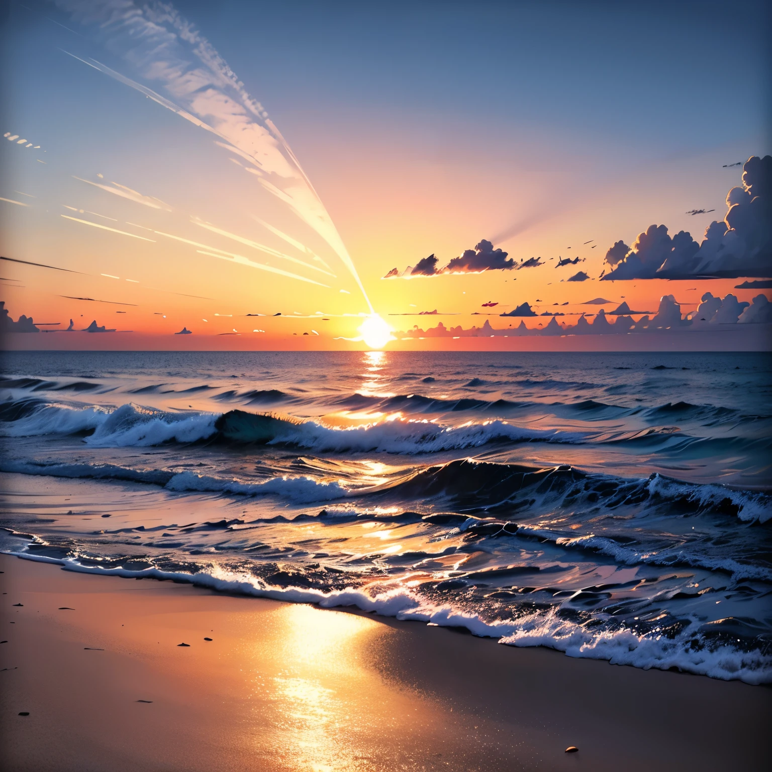 An absolutely mesmerizing sunset over the beach, with a blend of oranges, pinks, and yellows filling the sky. Crystal-clear waters of the sea gently kissing the shore, with sandy white beach stretching far and wide. The scene is dynamic and breathtaking, with seagulls soaring high in the sky and gently swaying palm trees. Take in the calming atmosphere and let the peacefulness wash over you.