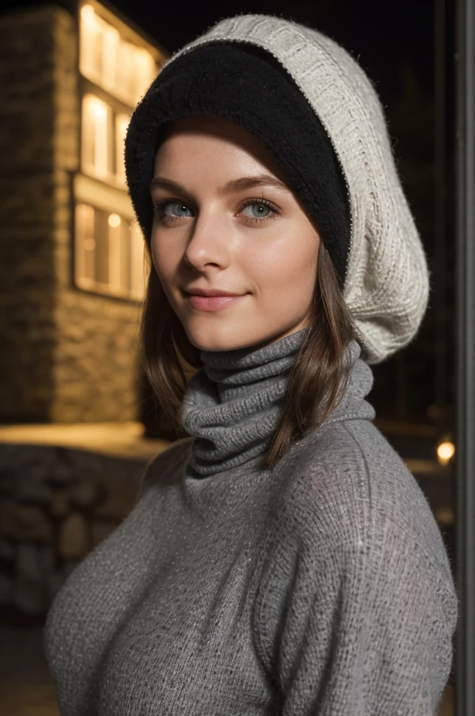 (((Switz, Iceland night time long exposure))), 1 gorgeous woman, 23 ans, subtle smile, flirts with the camera, shes a model, sensual pose, blind hair, (European girl:1.2), (random hair:1.3), (Realistic hair:1.2), (realistic eyes:1.2), (Beauty face:1.3), SFW, (((grey bonnet on head))), (((large wool turtleneck loose white pullover))),(((black wool leggings))),(((heavy hiking fit boots))), perfect body, perfect hands, perfect breast, Kodak gold 200, medium shot, Best quality, ultra highres, (photoreallistic:1.4), 8k, (((extrreme low light conditions)))