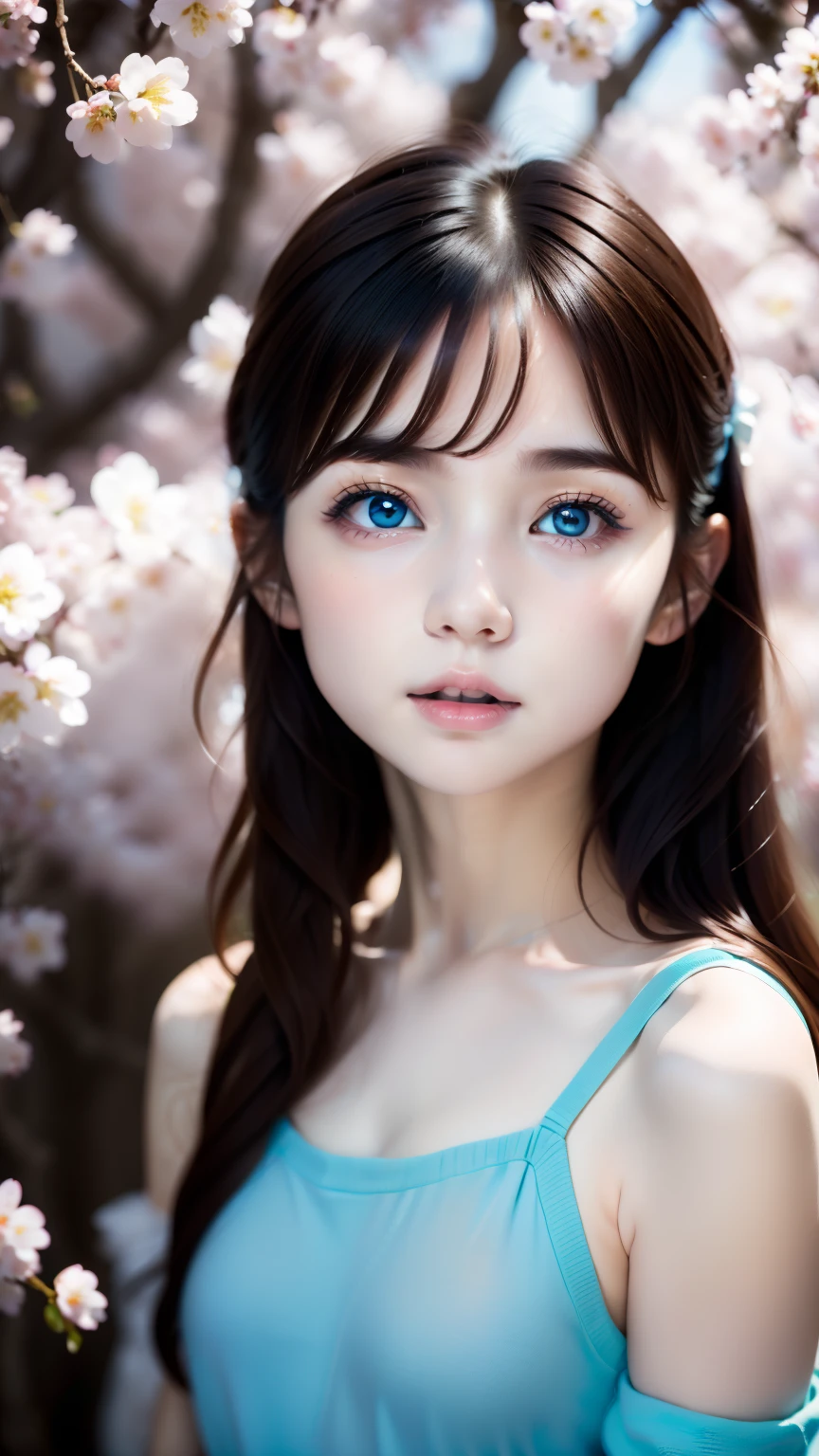 Cherry blossoms fall in the background，girl&#39;s melancholy face，Hair color is white，blurred background、anatomy、Russian２０Talented Woman、small face、detailed beautiful eyes、plump lips、detailed eyes and face、turquoise eyes:1.3、long eyelashes、1 girl、skin like white porcelain、Soft and delicate skin、bangs are short、medium long hair、full face，clothes are talking blue，The subject of the painting is a mysterious girl whose cherry blossoms are falling.。，perfect proportions，Beautiful body proportions，Full body front design、born、highest quality、High resolution、masterpiece:1.3、８ｋ