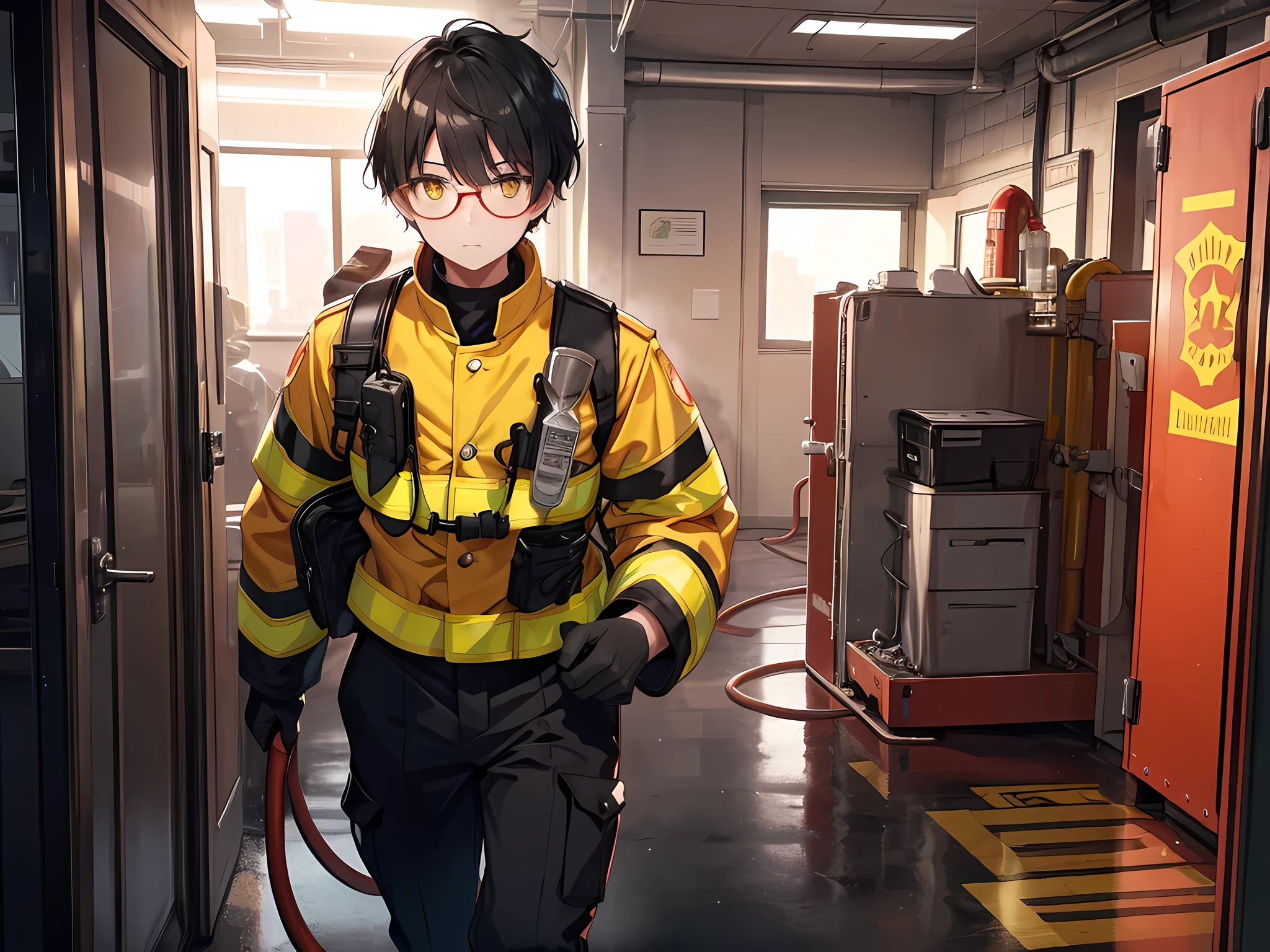 a boy with a black short hair, yellow eyes, rounded glasses, wearing fire fighter uniform, wearing red helmet, walking in office, the background is fire fighter office