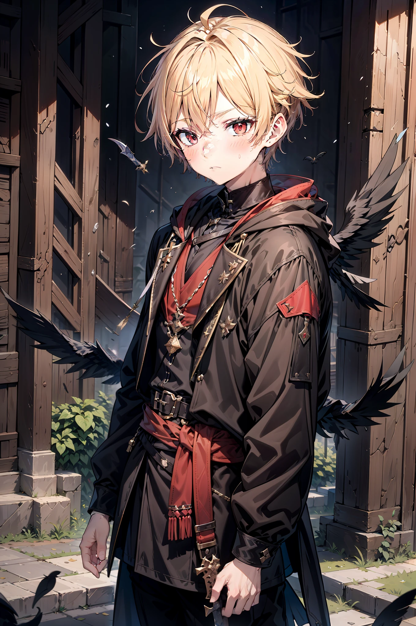 One young male boy around 14, male face, male appearance, skinny, tired eyes,((red eyes)), dark eye bags, pale skin, blond hair, messy mullet short styled hair, scruffy and messy appearance, ( dressed in a medieval assassin costume, hooded assassin's cloak), fantasy, raven feathers falling from the sky, two dagger on his side