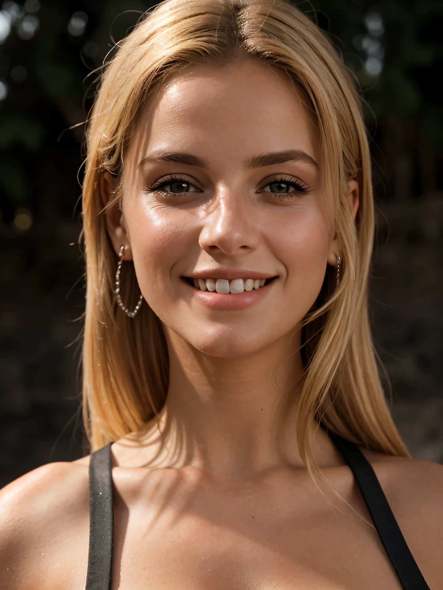 una foto de primer plano de la parte superior del cuerpo oscura de una rubia con ojos perfectos, Sonrisa, fondo oscuro