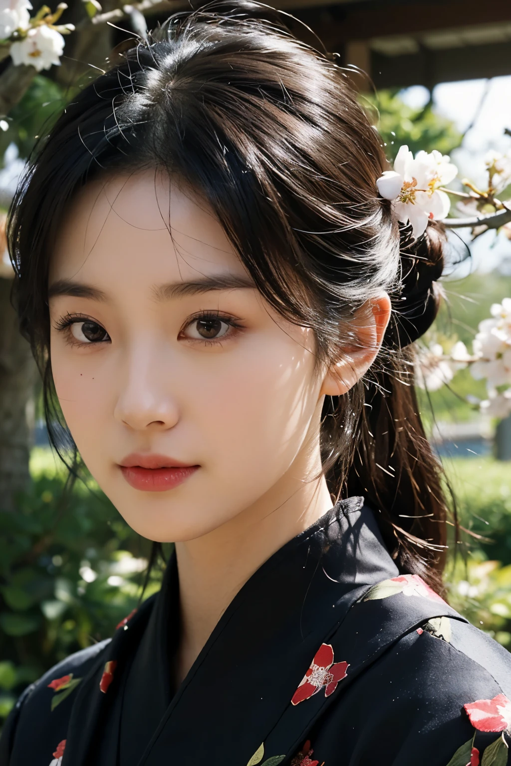 (Photoreal:1.4), (Top image quality:1.0), (Super high resolution:1.0), 8K, Raw photography, (masterpiece:0.2), (最高quality Detail:1.2)、realistic、8K UHD、High resolution、(1 girl:1.2)、超detailedな、High quality textures、intricate details、detailed、Very detailed CG、High quality shadows、Beautiful and delicate face in every detail、Beautiful and delicate eyes in every detail、Depth of bounds written、ray tracing, thin, black kimono, Japanese pattern kimono, beautiful skin, facing the front,Japanese garden, (realistic:1.3),  quality, (Cherry tree:1.2), (realistic:1.2), (最高quality), (複雑なdetailed), dramatic, ray tracing, photograph,