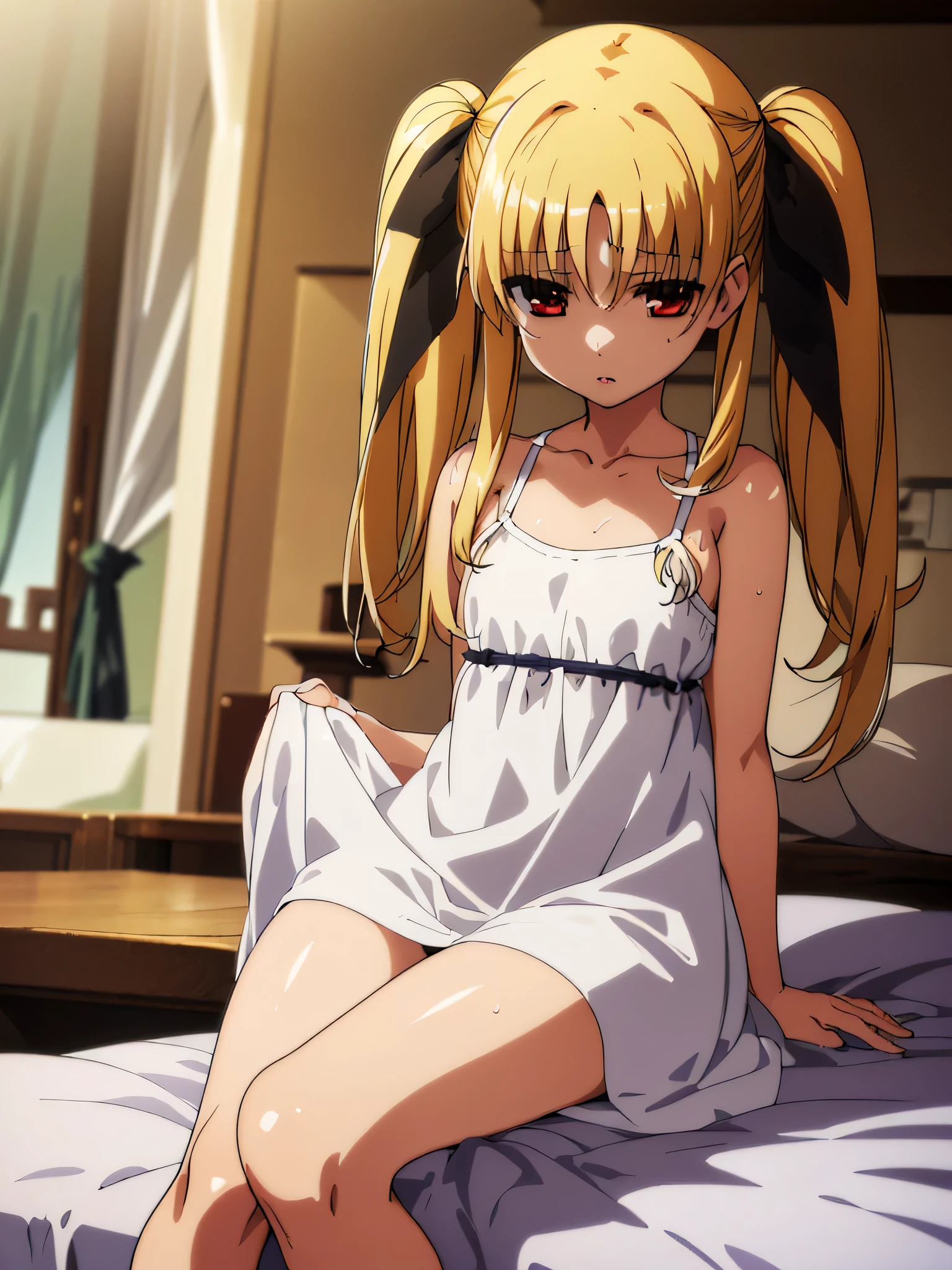 NSFW , make a testarossa , (((masterpiece:1.3))), (((best quality:1.3))) , (((pixel perfect:1.3))) , (((Perfection in every detail:1.3))) , (((High resolution:1.3))) , (((camisole dress))) , 1 girl, blonde hair , twin tails, red eyes , black ribbon , lips, shut, Yui, lips, abdomen, Baezon, logic , (((empty eyes))) , (((Expressionless))) , (((official art))) , (((bedroom)))