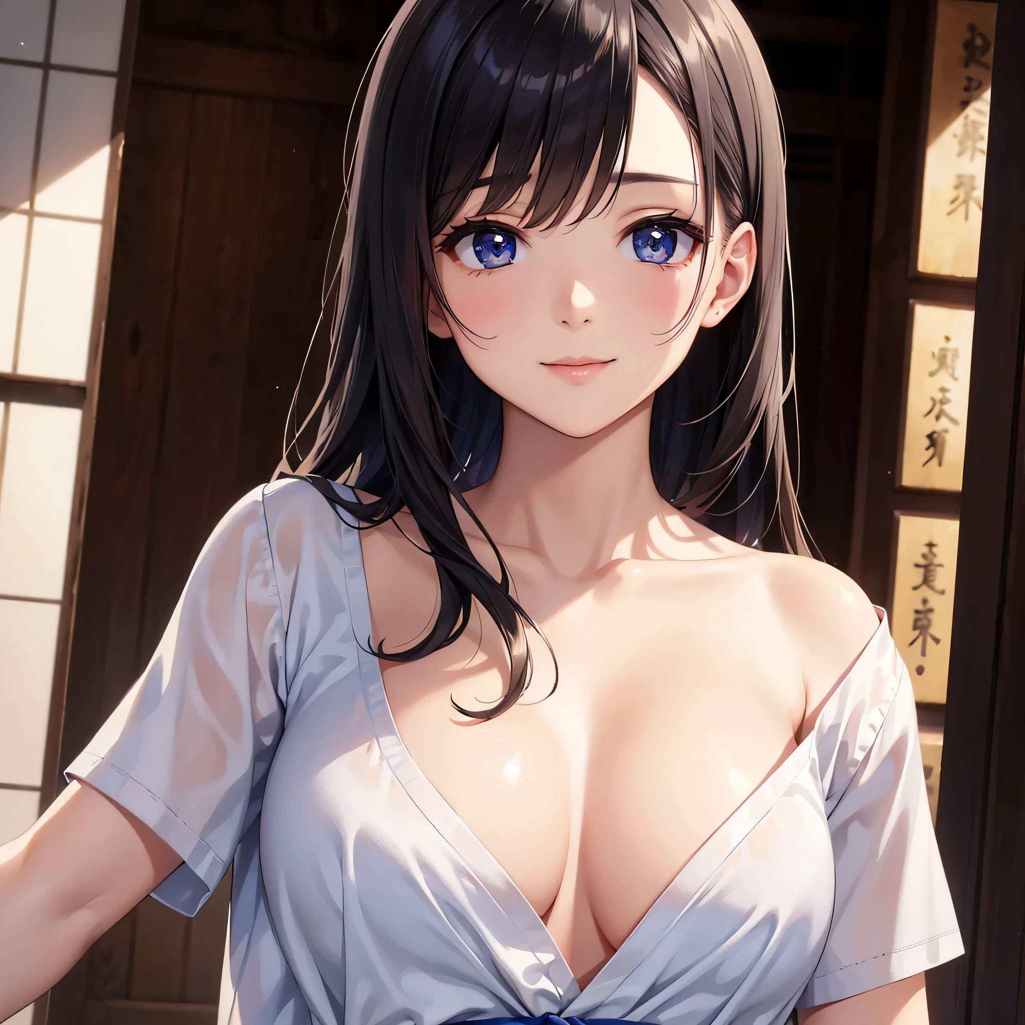 one beautiful woman、((highest quality、8K masterpiece:1.3))、sharp focus:1.2、(super beautiful face:1.0)、(shiny skin:1.0)、realistic pictures、black hair、video writing、High resolution eyes and face、video writing、japanese actress、from the front、Medium chest、shy smile、The beauty of slender abs、whole body、Kanji for Japan「kind」wearing a t-shirt、At the shrine