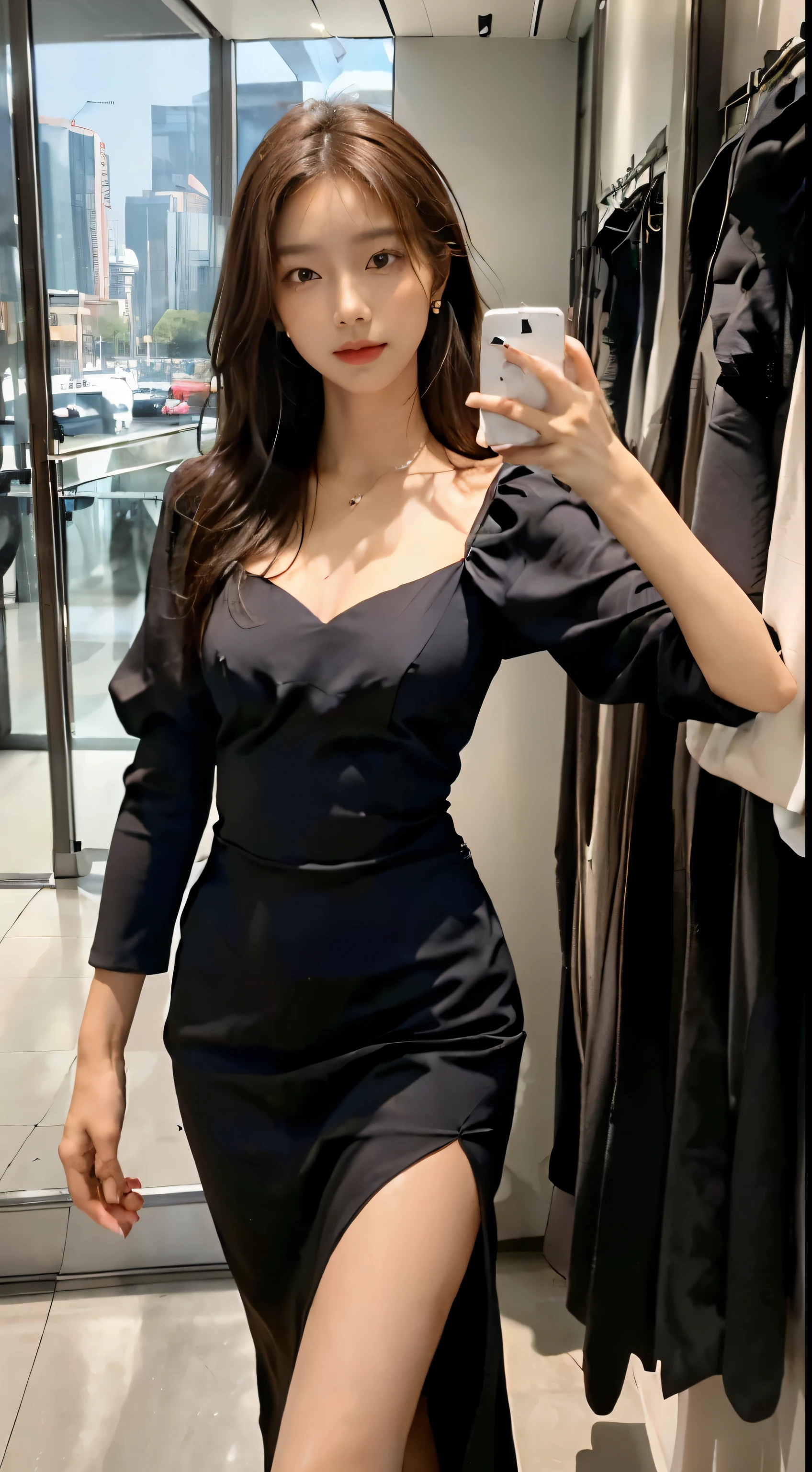((best picture quality, 8k, masterpiece: 1.3)), self-shot, sharp focus: 1.2, cute beauty，Perfect body: 1.4, Slim and big-breasted, ((brown hair black)) , (Flesh color mini dress，The facial details are very rich，happy expression，stand up：1.2），（（A city with blue sky and white clouds，in cafe：1.3. Mainly focus on women）），Highly detailed facial and skin textures，delicate eyes，double eyelids
