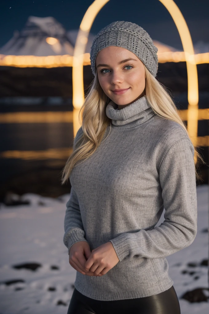 (((Switz, Iceland night time long exposure))), 1 gorgeous woman, 23 ans, subtle smile, flirts with the camera, shes a model, sensual pose, blond hair, (European girl:1.2), (random hair:1.3), (Realistic hair:1.2), (realistic eyes:1.2), (Beauty face:1.3), SFW, (((grey bonnet on head))), (((large wool turtleneck loose white pullover))),(((black wool leggings))),(((heavy hiking fit boots))), perfect body, perfect hands, perfect breast, Kodak gold 200, medium shot, Best quality, ultra highres, (photoreallistic:1.4), 8k, (((extrreme low light conditions)))