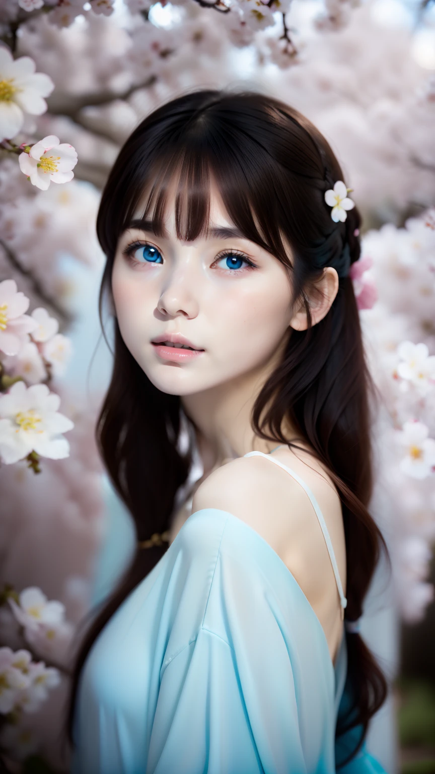 Cherry blossoms fall in the background,girl's melancholy face,Hair color is white,blurred background、anatomy、Russian20Talented Woman、small face、detailed beautiful eyes、plump lips、detailed eyes and face、turquoise eyes:1.3、long eyelashes、1 girl、skin like white porcelain、Soft and delicate skin、bangs are short、medium long hair、full face,clothes are talking blue,The subject of the painting is a mysterious girl whose cherry blossoms are falling.。,perfect proportions,Beautiful body proportions,Full body front design、born、highest quality、High resolution、masterpiece:1.3、8k