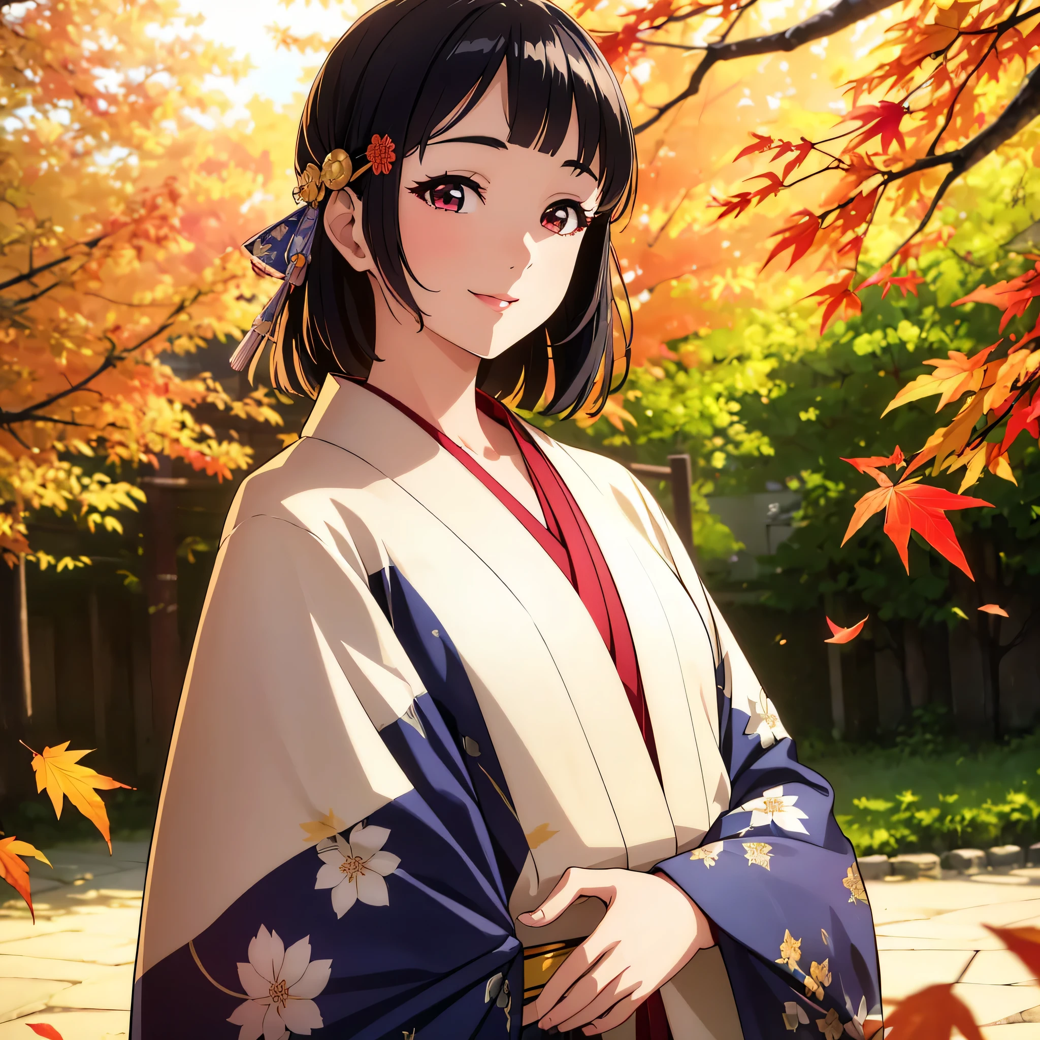 (Super beautiful woman in kimono)、((highest quality、8K masterpiece:1.3))、sharp focus:1.2、(super beautiful face:1.0)、(shiny skin:1.0)、realistic pictures、black haired、video writing、High resolution eyes and face、video writing、japanese actress、from the front、Medium chest、with a happy smile、wearing a kimono、under the autumn leaves、highest grade obi