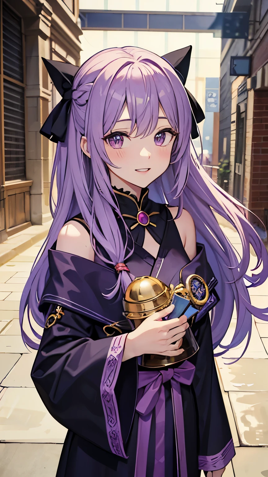 long hair, blush, smile, hair strand, ribbon, parted lips, jewelry, bell, purple hair, hair over shoulder, tachi-e, anime style, character chart, masterpiece, ccurate, award winning, super detail